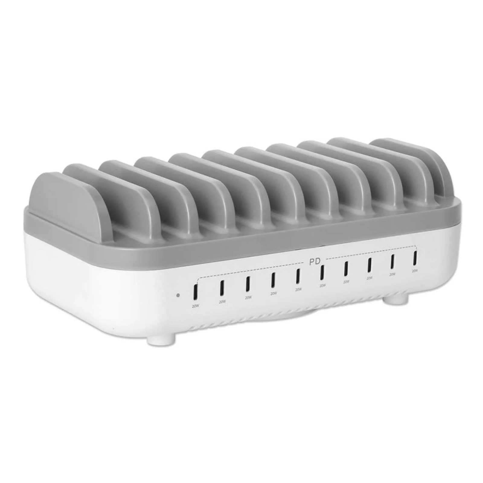 Manhattan Station de charge USB-C à 10 ports, sortie USB-C : 10 × 20 W, puissance maximale de 200 W, alimentation secteur, inclut adaptateurs US/EU/UK