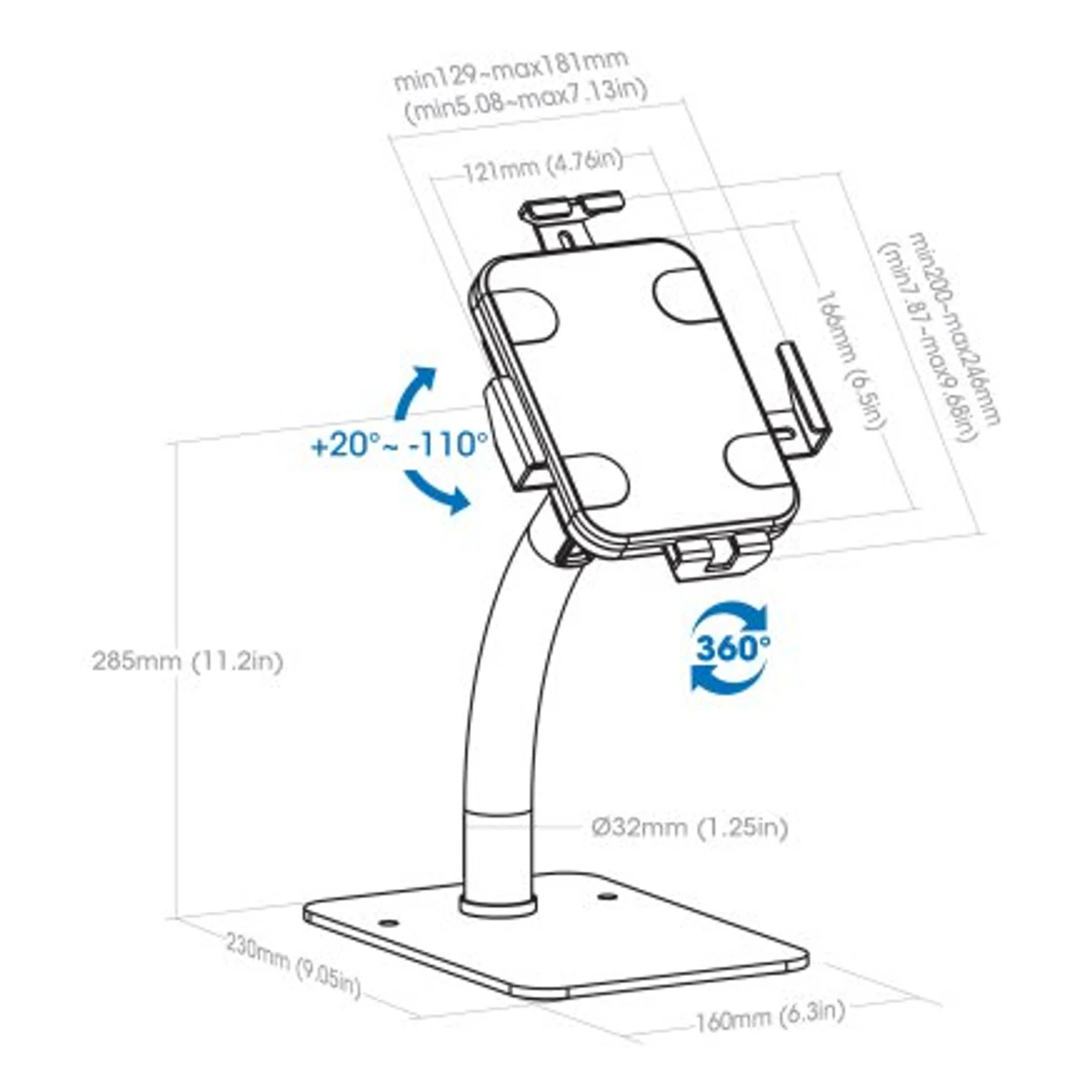 Manhattan Support antivol de bureau pour tablette/iPad, universel, rotation 360°, inclinaison +20° à -110°, verrouillable, blanc, tablettes 7,9"–11"