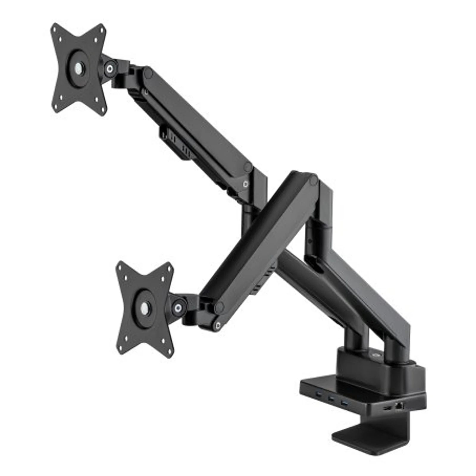 Support de bureau double pour TV/moniteurs (bras à vérin gaz à Bras articulé) avec station d’accueil intégrée, écrans jusqu’à 27", Ethernet, HDMI x2, USB-A x3, USB-C, alimentation USB-C PD 100 W (Chargeur USB-C non inclus)