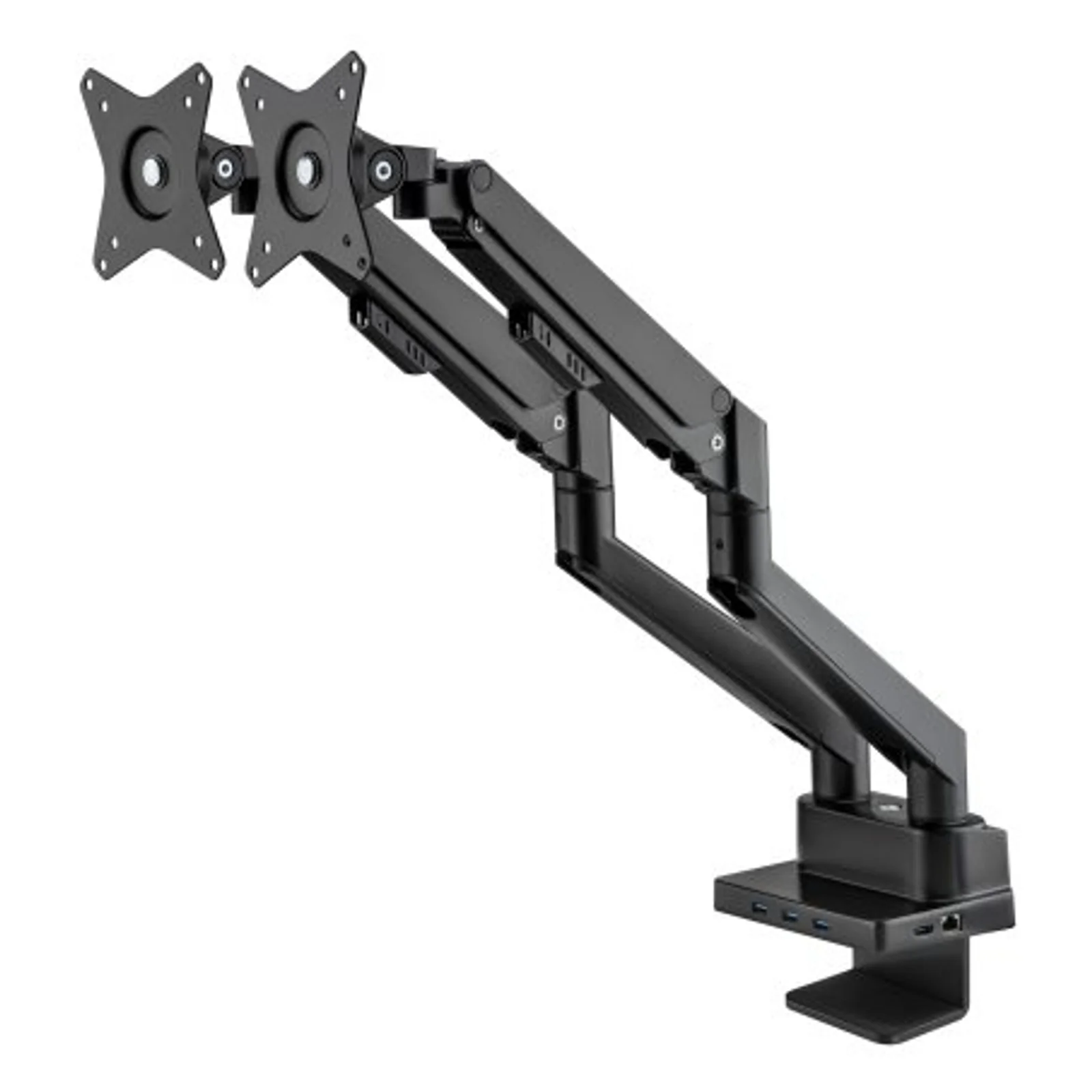 Manhattan Support de bureau double pour TV/moniteurs (bras à vérin gaz à Bras articulé) avec station d’accueil intégrée, écrans jusqu’à 27", Ethernet, HDMI x2, USB-A x3, USB-C, alimentation USB-C PD 100 W (Chargeur USB-C non inclus)