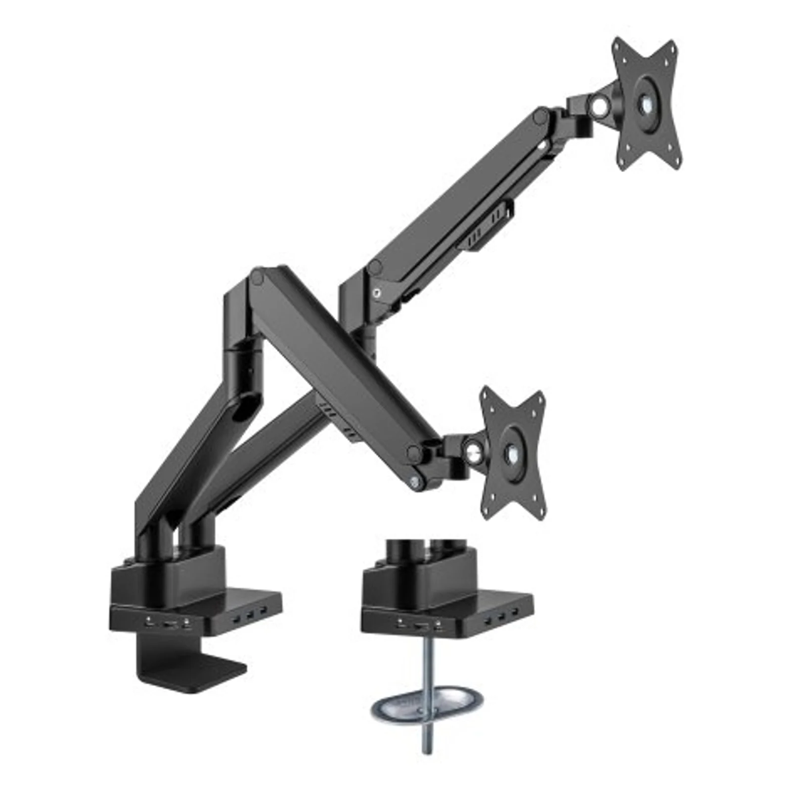 Manhattan Support de bureau double pour TV/moniteurs (bras à vérin gaz à Bras articulé) avec station d’accueil intégrée, écrans jusqu’à 27", Ethernet, HDMI x2, USB-A x3, USB-C, alimentation USB-C PD 100 W (Chargeur USB-C non inclus)