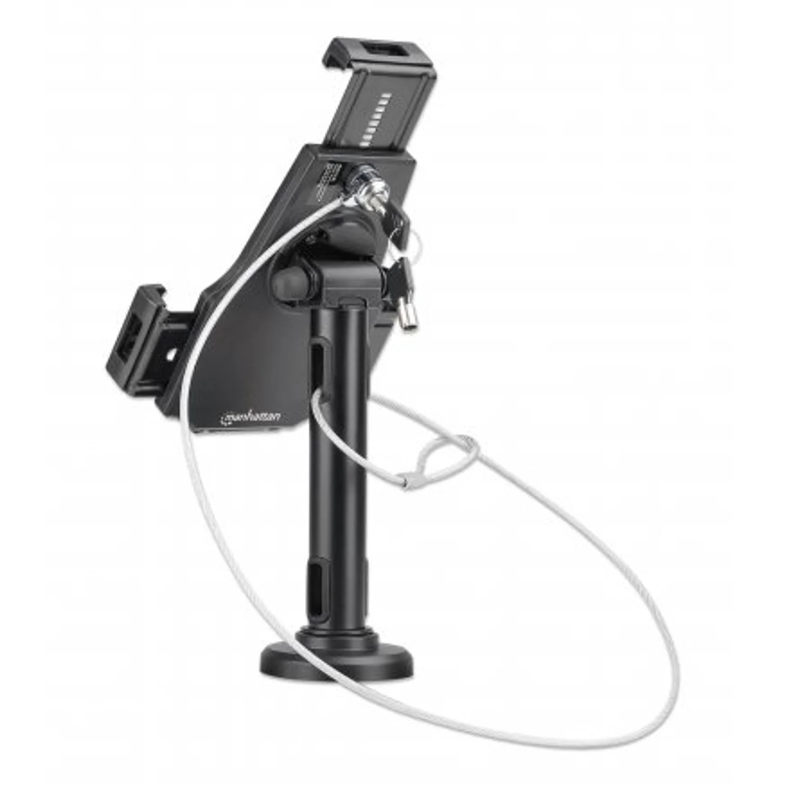 Manhattan Support de bureau pour iPad et tablettes, verrouillable, montage mural possible, antivol, pour tablettes 7,9" à 10,5", rotation 360°, inclinaison ±70°, pivot 330°, noir