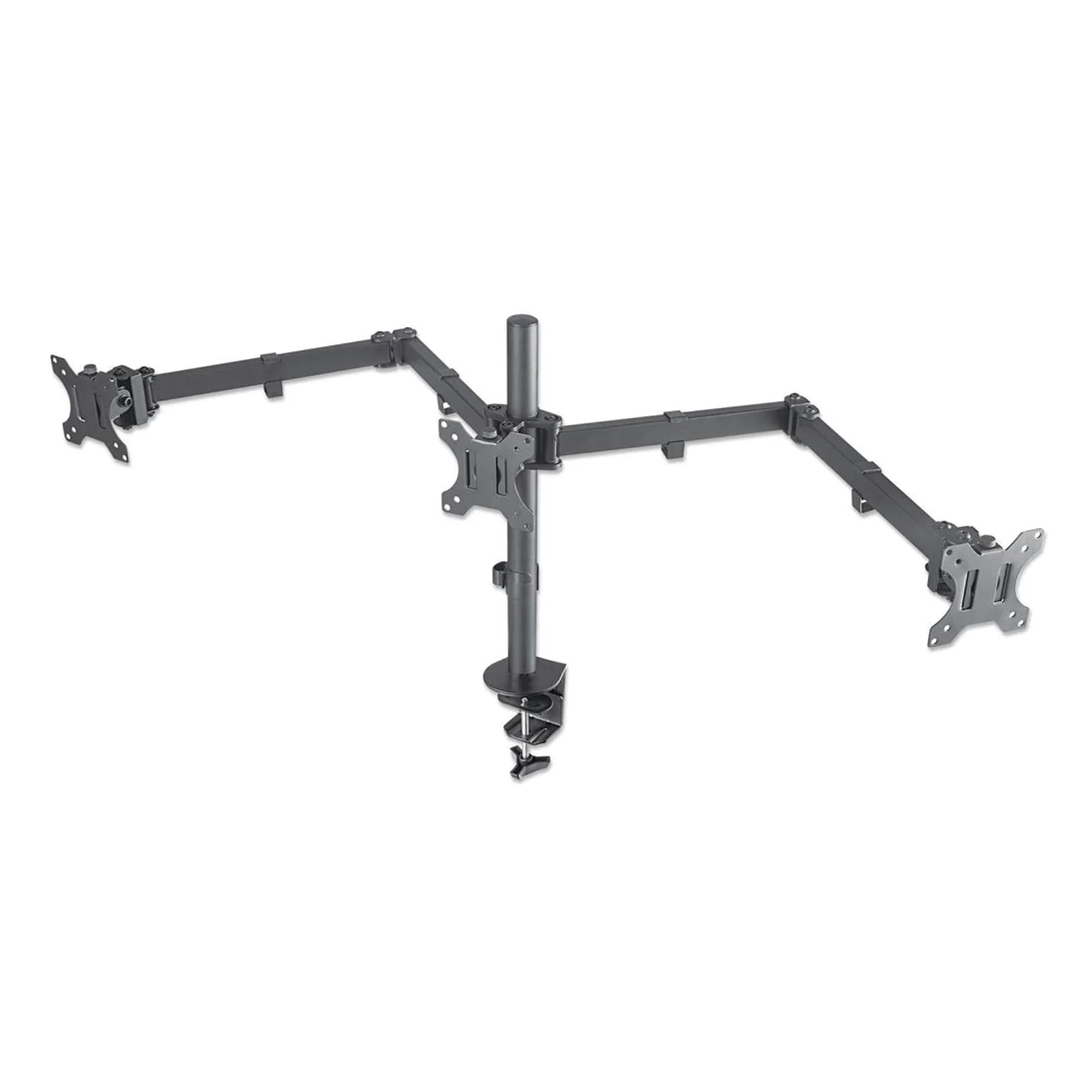Support de bureau triple pour TV/moniteurs, écrans 10" à 27", fixation à l’arrière par pince, Compatibilité VESA : 75x75 et 100x100 mm (vérifiez les dimensions des quatre trous de fixation à l’arrière), charge max. 7 kg par écran, noir