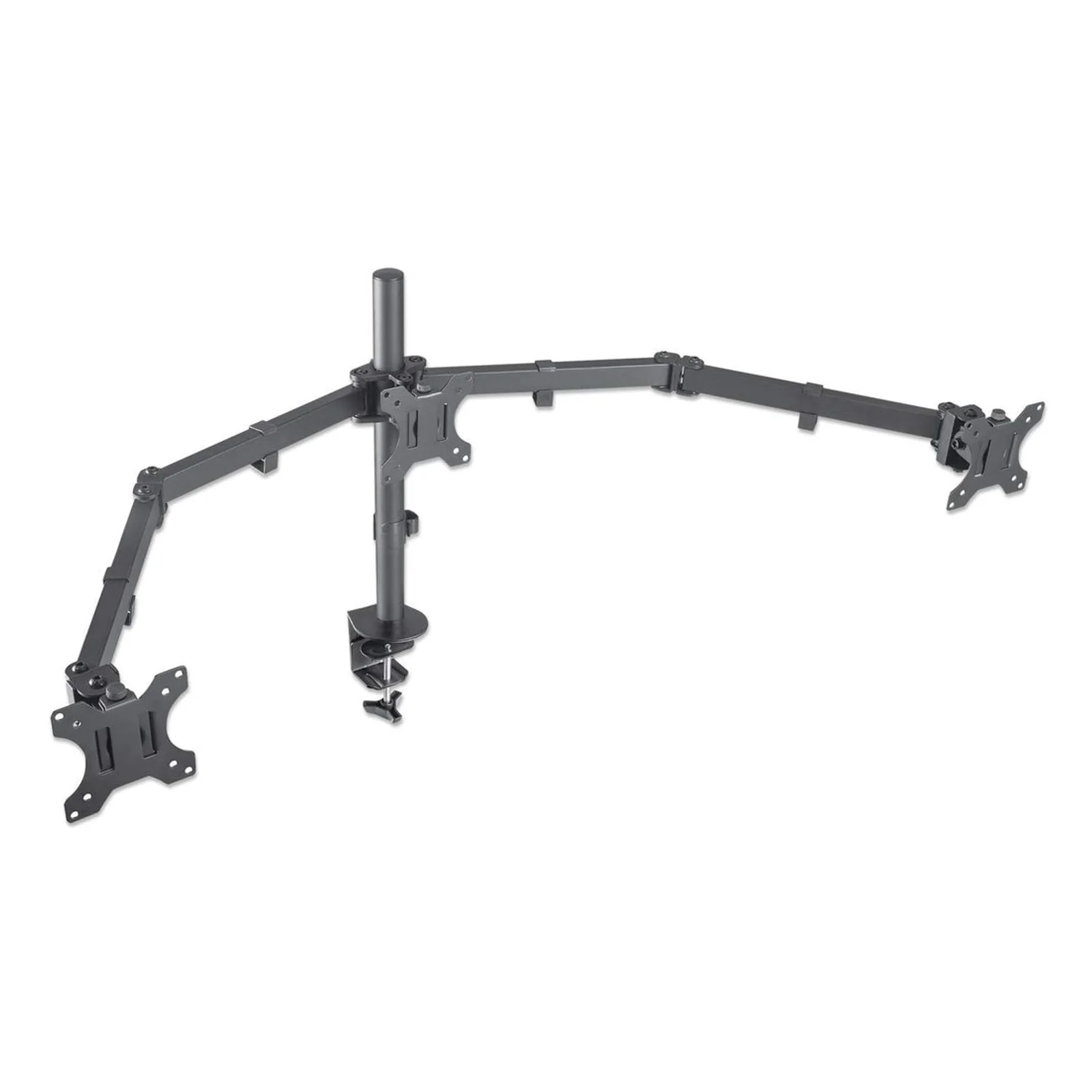 Manhattan Support de bureau triple pour TV/moniteurs, écrans 10" à 27", fixation à l’arrière par pince, Compatibilité VESA : 75x75 et 100x100 mm (vérifiez les dimensions des quatre trous de fixation à l’arrière), charge max. 7 kg par écran, noir