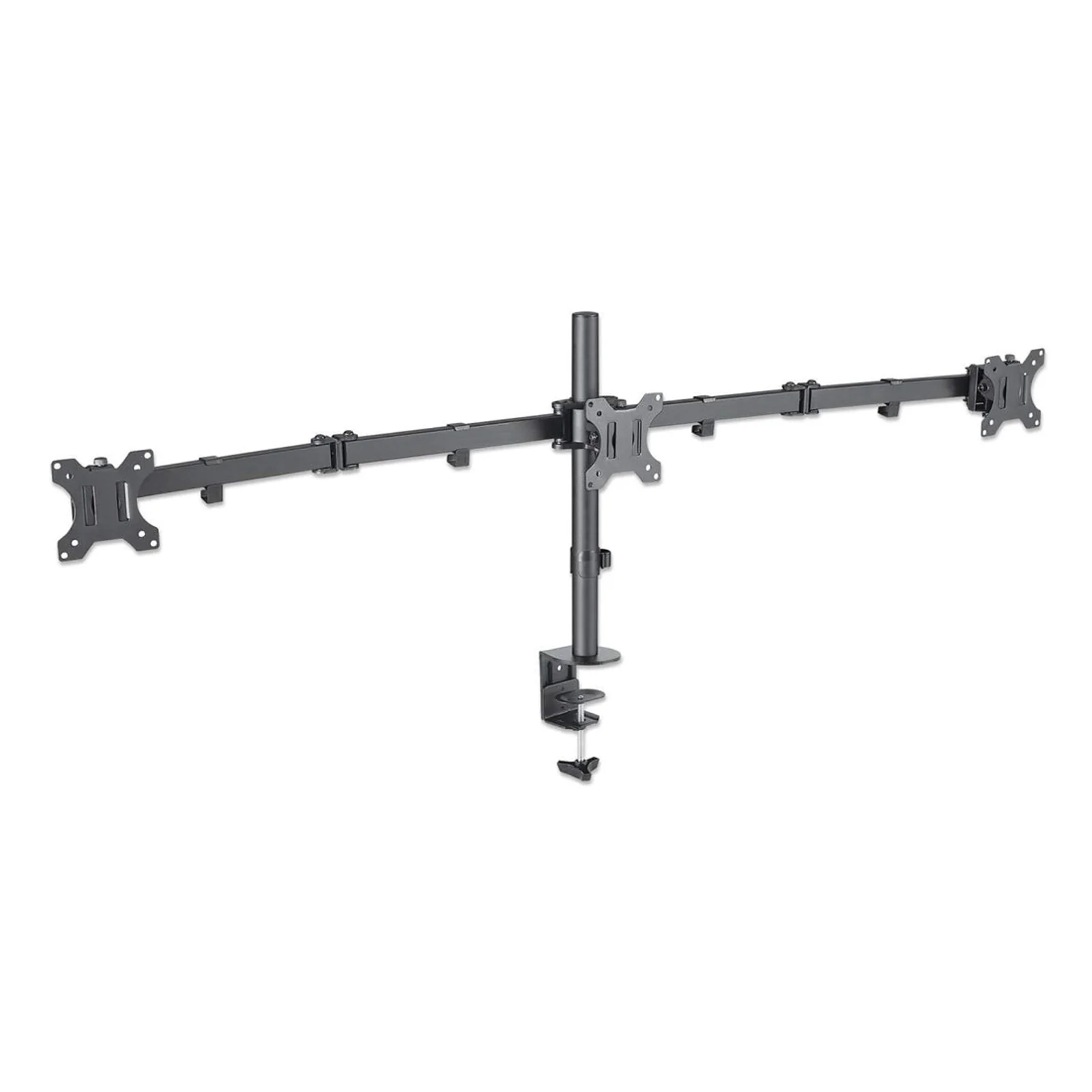 Manhattan Support de bureau triple pour TV/moniteurs, écrans 10" à 27", fixation à l’arrière par pince, Compatibilité VESA : 75x75 et 100x100 mm (vérifiez les dimensions des quatre trous de fixation à l’arrière), charge max. 7 kg par écran, noir