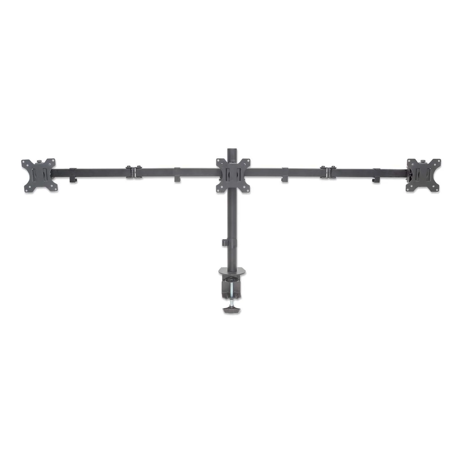 Manhattan Support de bureau triple pour TV/moniteurs, écrans 10" à 27", fixation à l’arrière par pince, Compatibilité VESA : 75x75 et 100x100 mm (vérifiez les dimensions des quatre trous de fixation à l’arrière), charge max. 7 kg par écran, noir