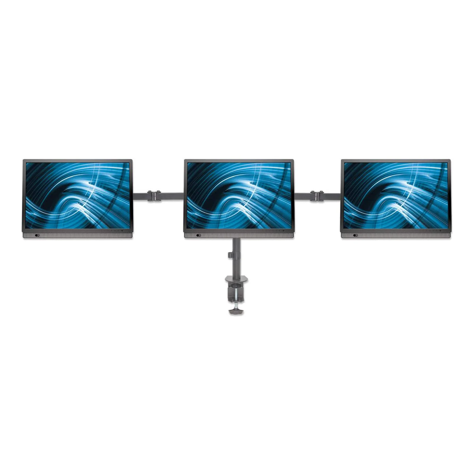 Manhattan Support de bureau triple pour TV/moniteurs, écrans 10" à 27", fixation à l’arrière par pince, Compatibilité VESA : 75x75 et 100x100 mm (vérifiez les dimensions des quatre trous de fixation à l’arrière), charge max. 7 kg par écran, noir
