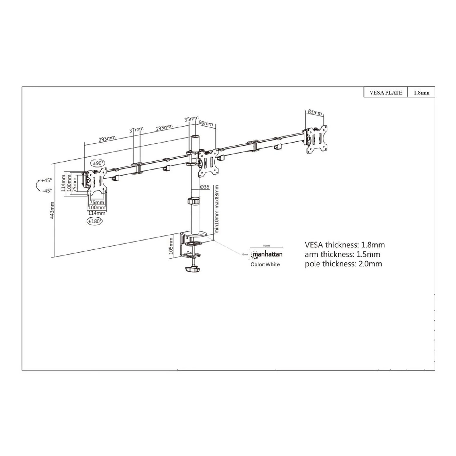 Manhattan Support de bureau triple pour TV/moniteurs, écrans 10" à 27", fixation à l’arrière par pince, Compatibilité VESA : 75x75 et 100x100 mm (vérifiez les dimensions des quatre trous de fixation à l’arrière), charge max. 7 kg par écran, noir