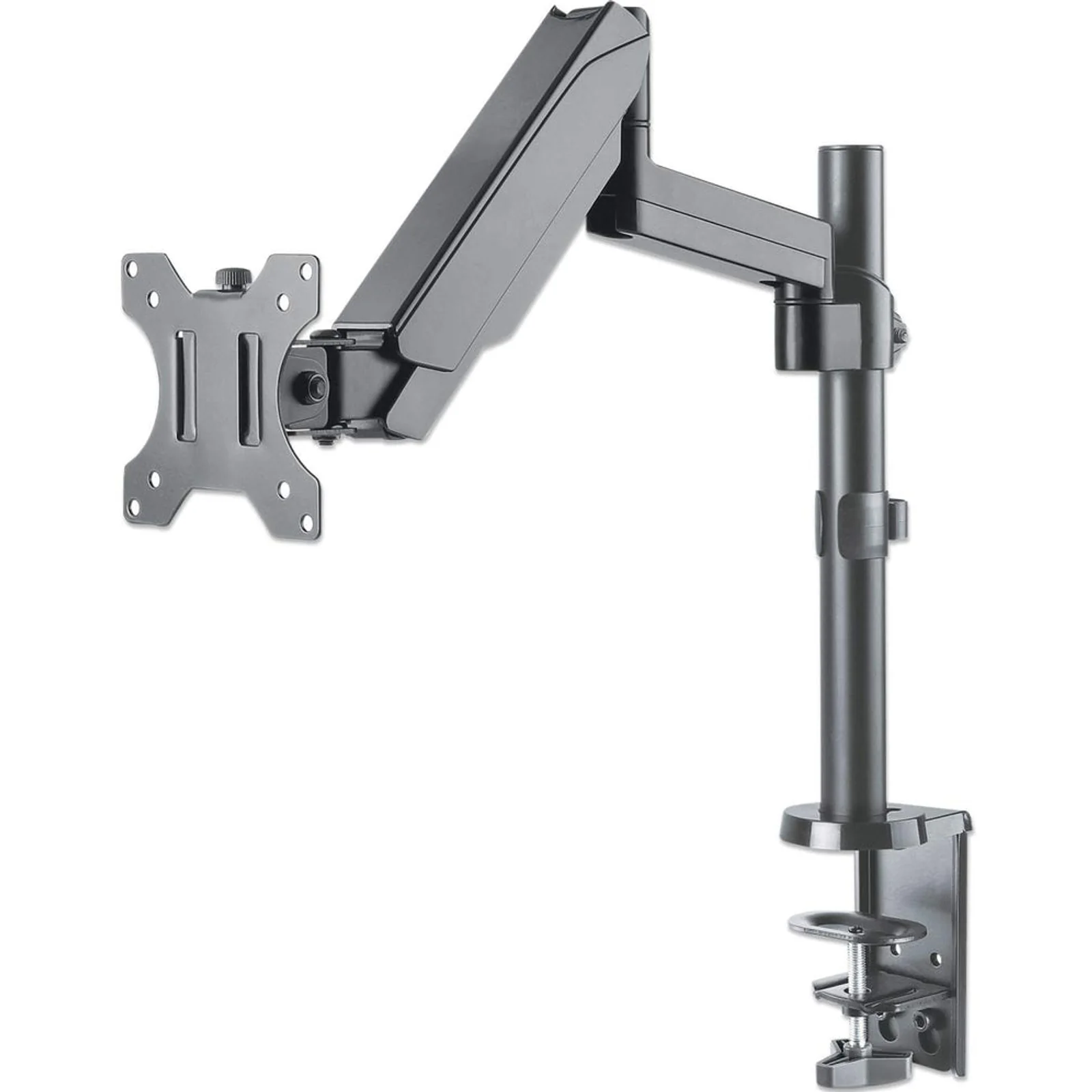 Support de bureau TV/moniteur (Bras articulé à vérin à gaz), écrans 13"–27", pince ou passe-câble, Compatibilité VESA : 75x75 et 100x100 mm (vérifiez les dimensions des quatre trous de fixation à l’arrière), charge max. 8 kg