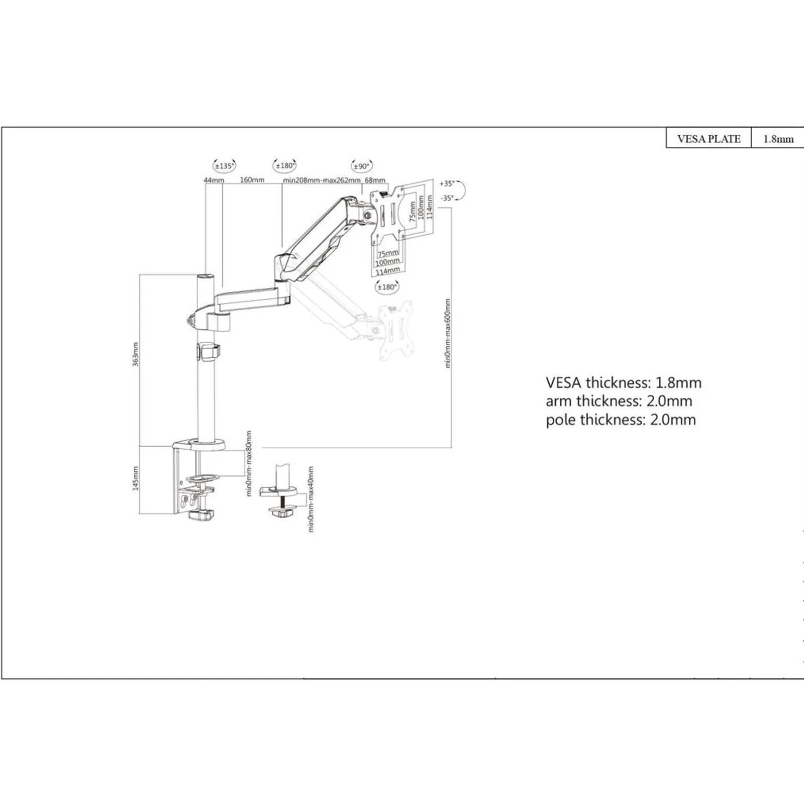 Manhattan Support de bureau TV/moniteur (Bras articulé à vérin à gaz), écrans 13"–27", pince ou passe-câble, Compatibilité VESA : 75x75 et 100x100 mm (vérifiez les dimensions des quatre trous de fixation à l’arrière), charge max. 8 kg