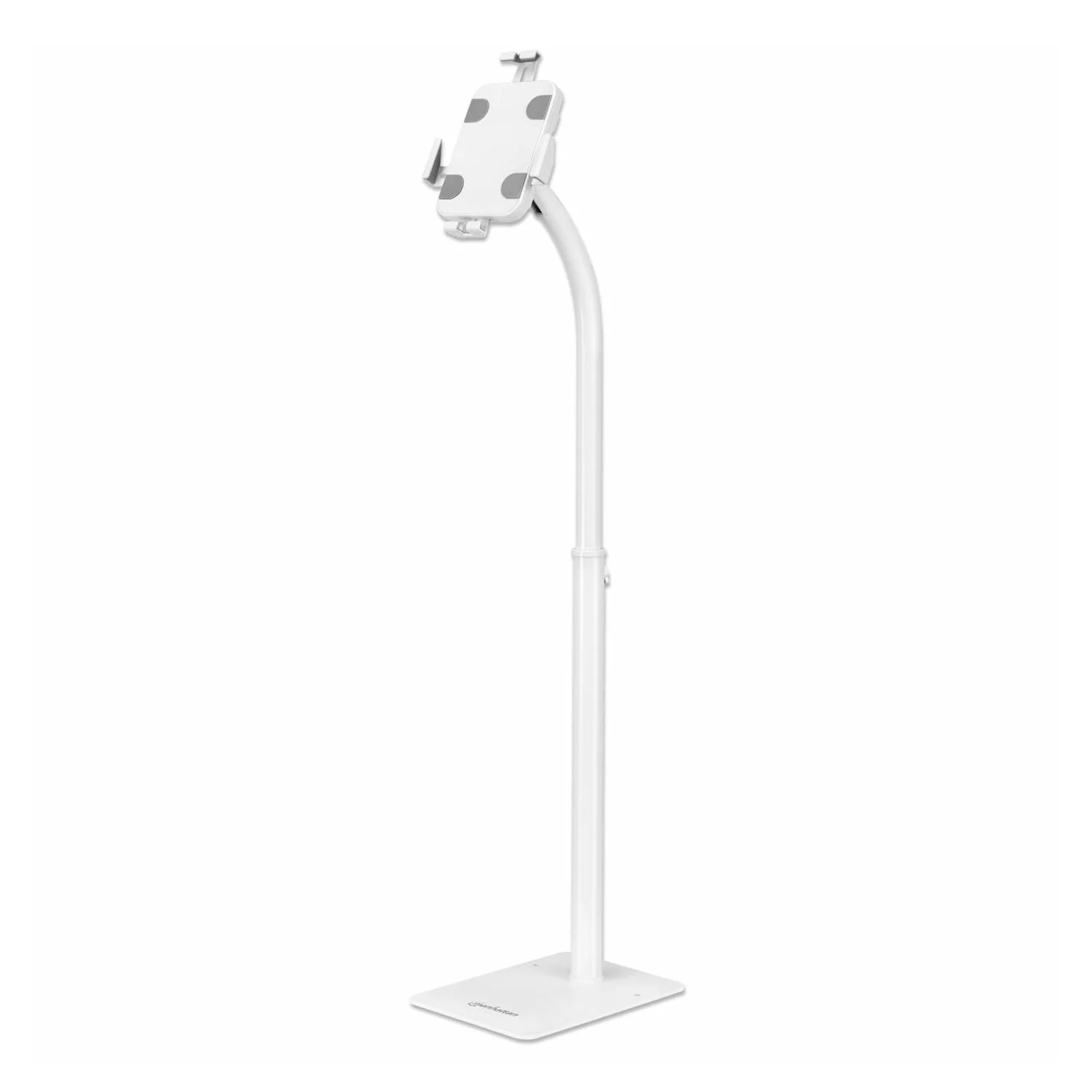 Support de sol antivol pour tablette et iPad, universel, rotation 360°, inclinaison +20° à -110°, verrouillable, blanc, pour tablettes 7,9"–11", hauteur réglable 790 à 1190 mm, fixation à l’arrière au sol possible