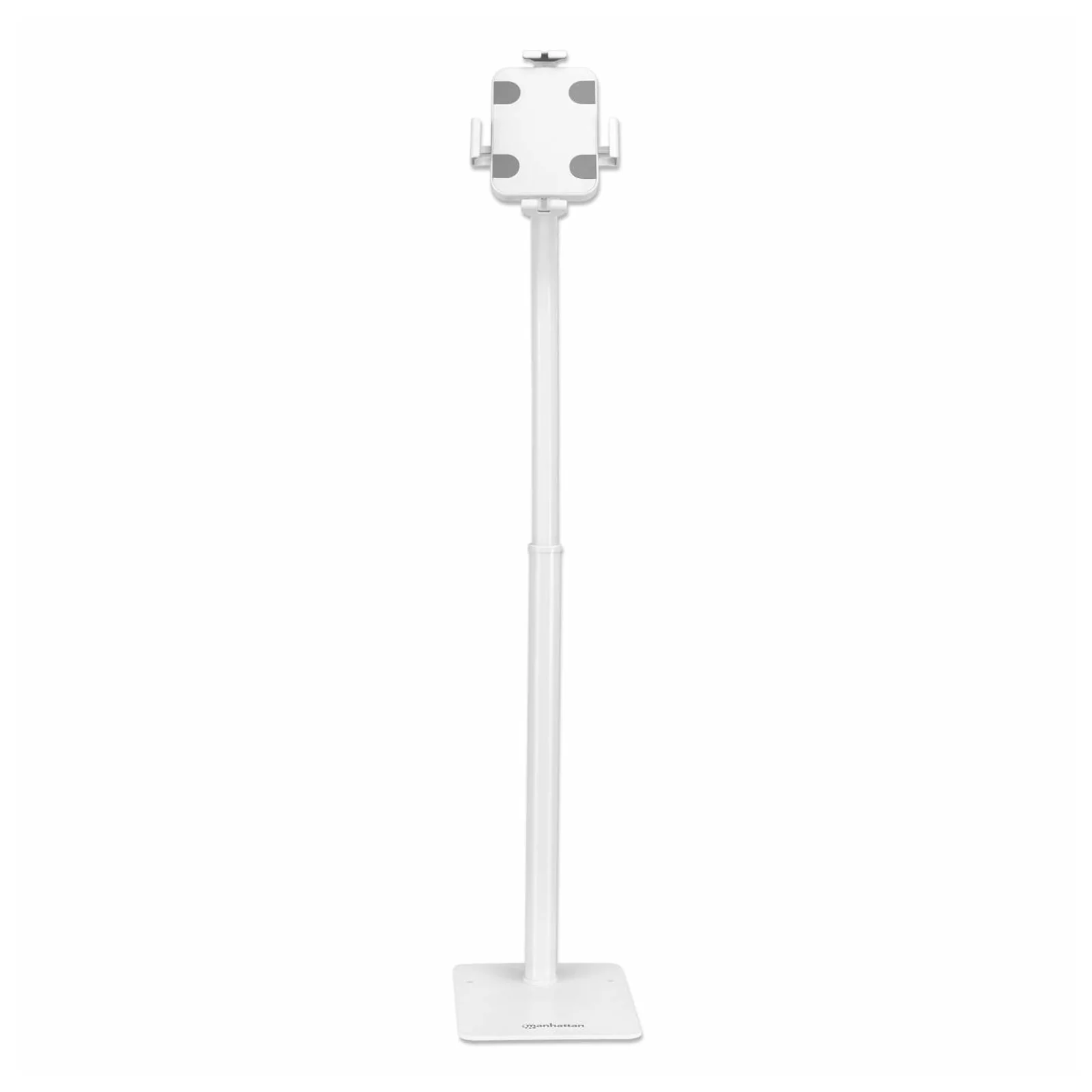 Manhattan Support de sol antivol pour tablette et iPad, universel, rotation 360°, inclinaison +20° à -110°, verrouillable, blanc, pour tablettes 7,9"–11", hauteur réglable 790 à 1190 mm, fixation à l’arrière au sol possible