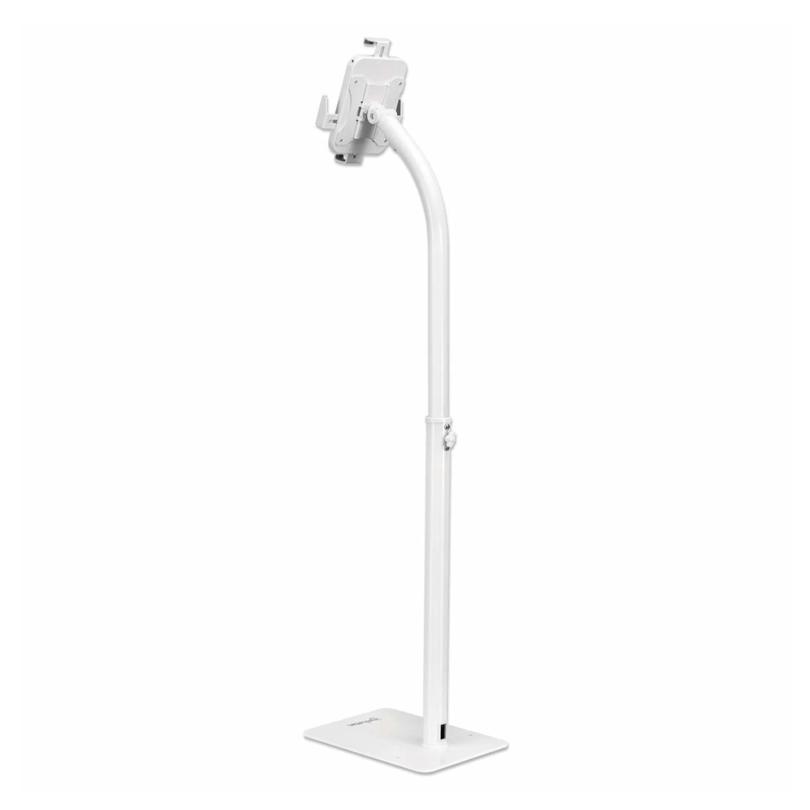 Manhattan Support de sol antivol pour tablette et iPad, universel, rotation 360°, inclinaison +20° à -110°, verrouillable, blanc, pour tablettes 7,9"–11", hauteur réglable 790 à 1190 mm, fixation à l’arrière au sol possible