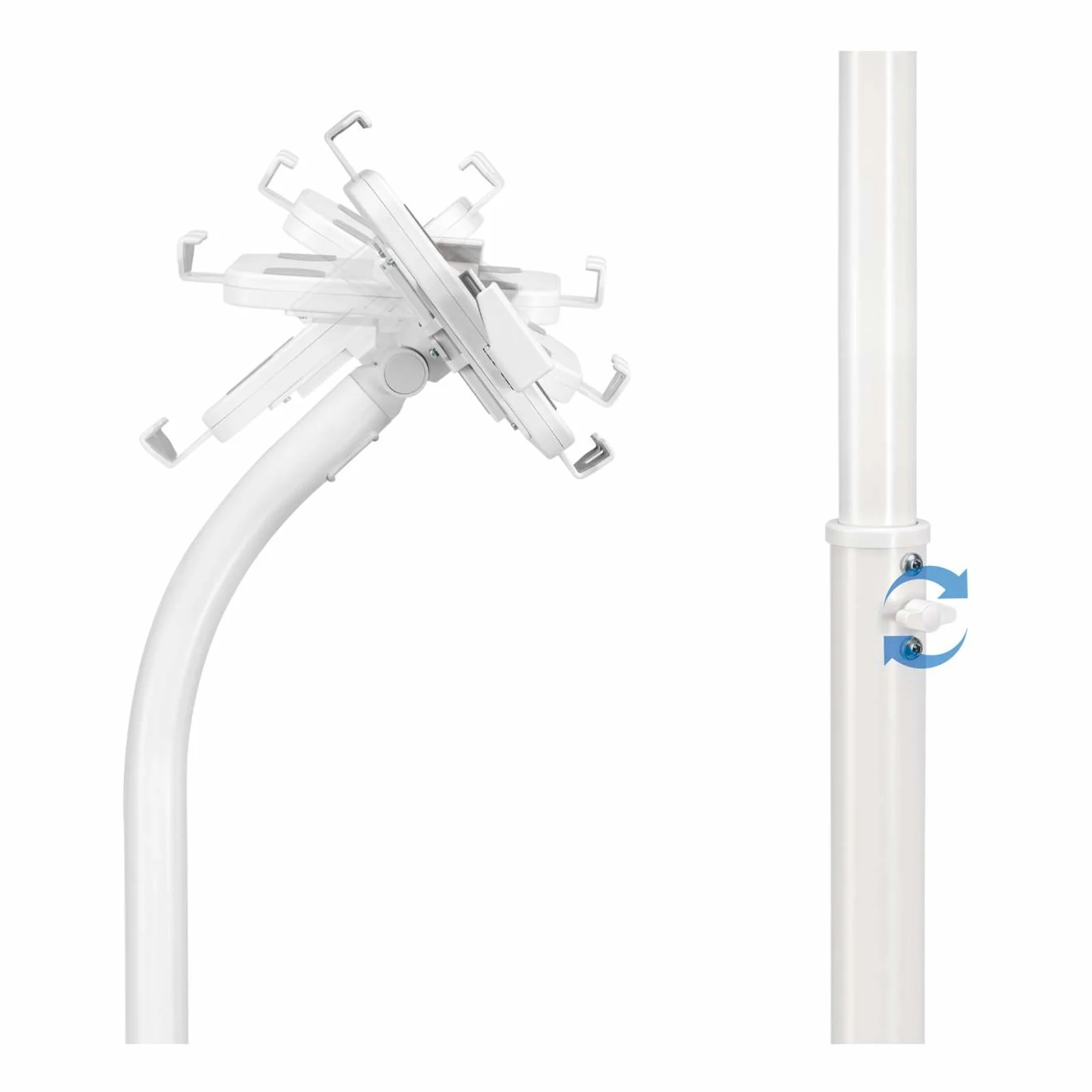 Manhattan Support de sol antivol pour tablette et iPad, universel, rotation 360°, inclinaison +20° à -110°, verrouillable, blanc, pour tablettes 7,9"–11", hauteur réglable 790 à 1190 mm, fixation à l’arrière au sol possible