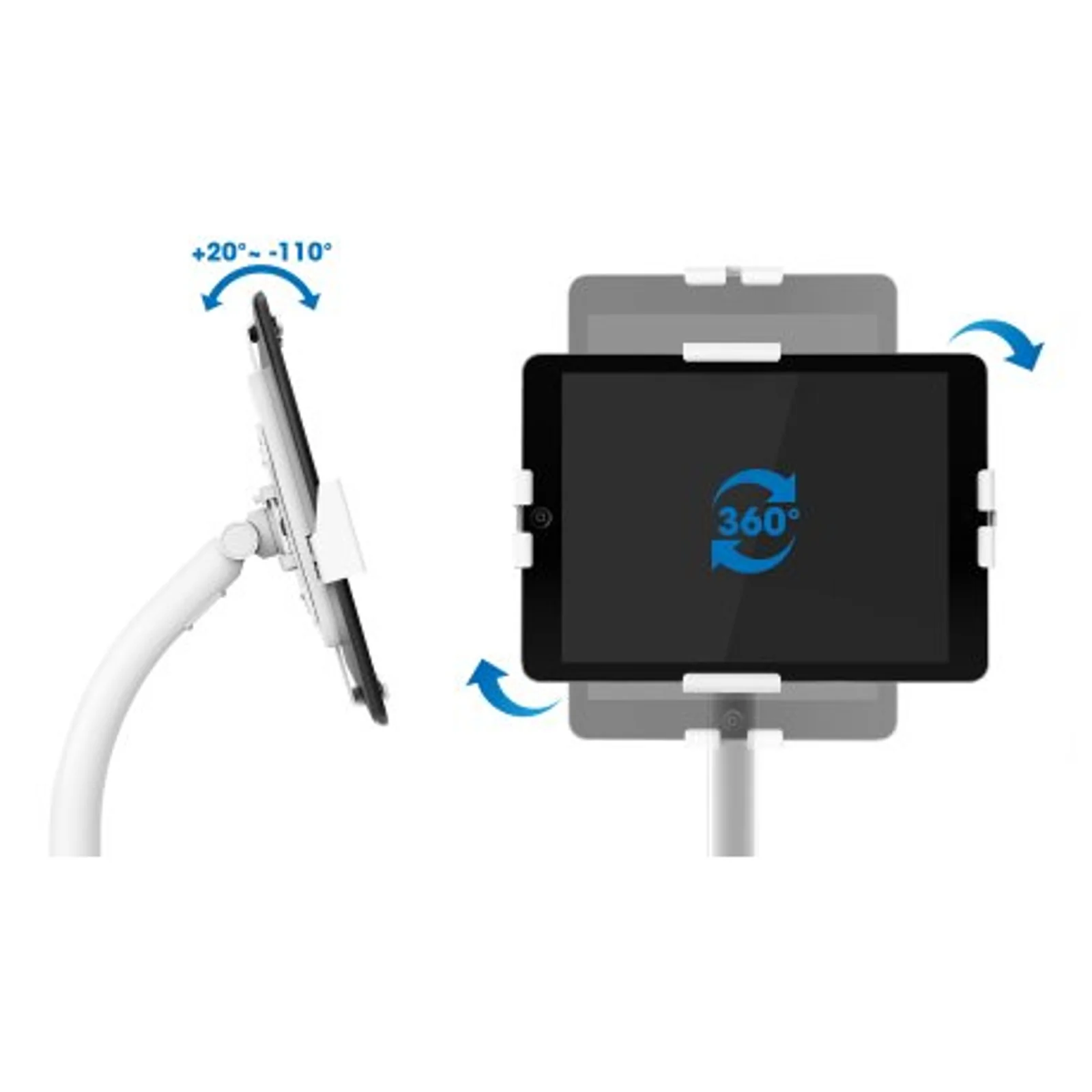 Manhattan Support de sol antivol pour tablette et iPad, universel, rotation 360°, inclinaison +20° à -110°, verrouillable, blanc, pour tablettes 7,9"–11", hauteur réglable 790 à 1190 mm, fixation à l’arrière au sol possible