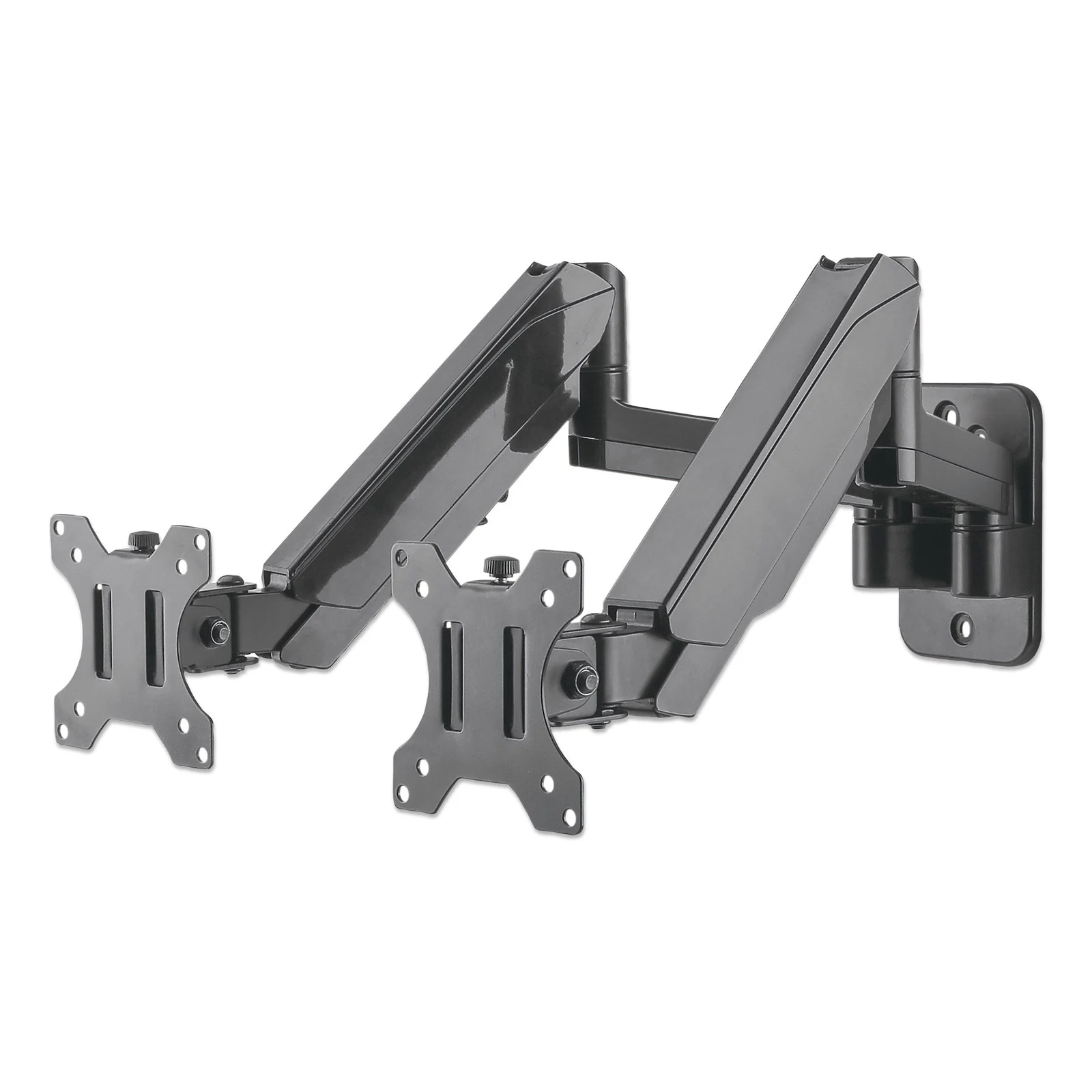 Support mural double pour TV/moniteurs (Bras articulé à vérin à gaz), écrans 17" à 32", Compatibilité VESA : 75x75 et 100x100 mm (vérifiez les dimensions des quatre trous de fixation à l’arrière), charge max. 8 kg par écran, noir
