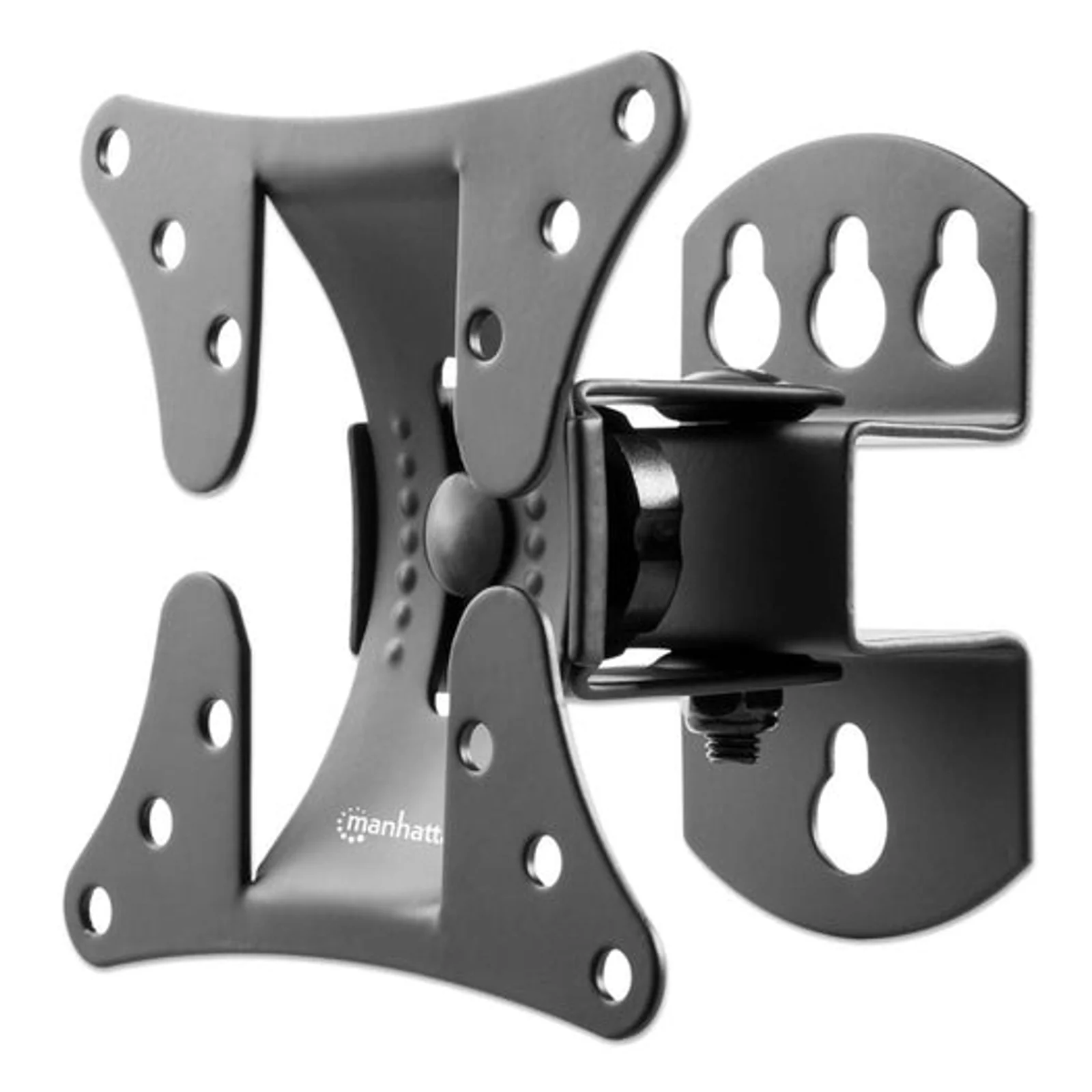 Support mural pivotant pour TV/moniteurs (inclinaison + pivot), écrans 13" à 27", Compatibilité VESA : 75x75 et 100x100 mm (vérifiez les dimensions des quatre trous de fixation à l’arrière), charge max. 30 kg