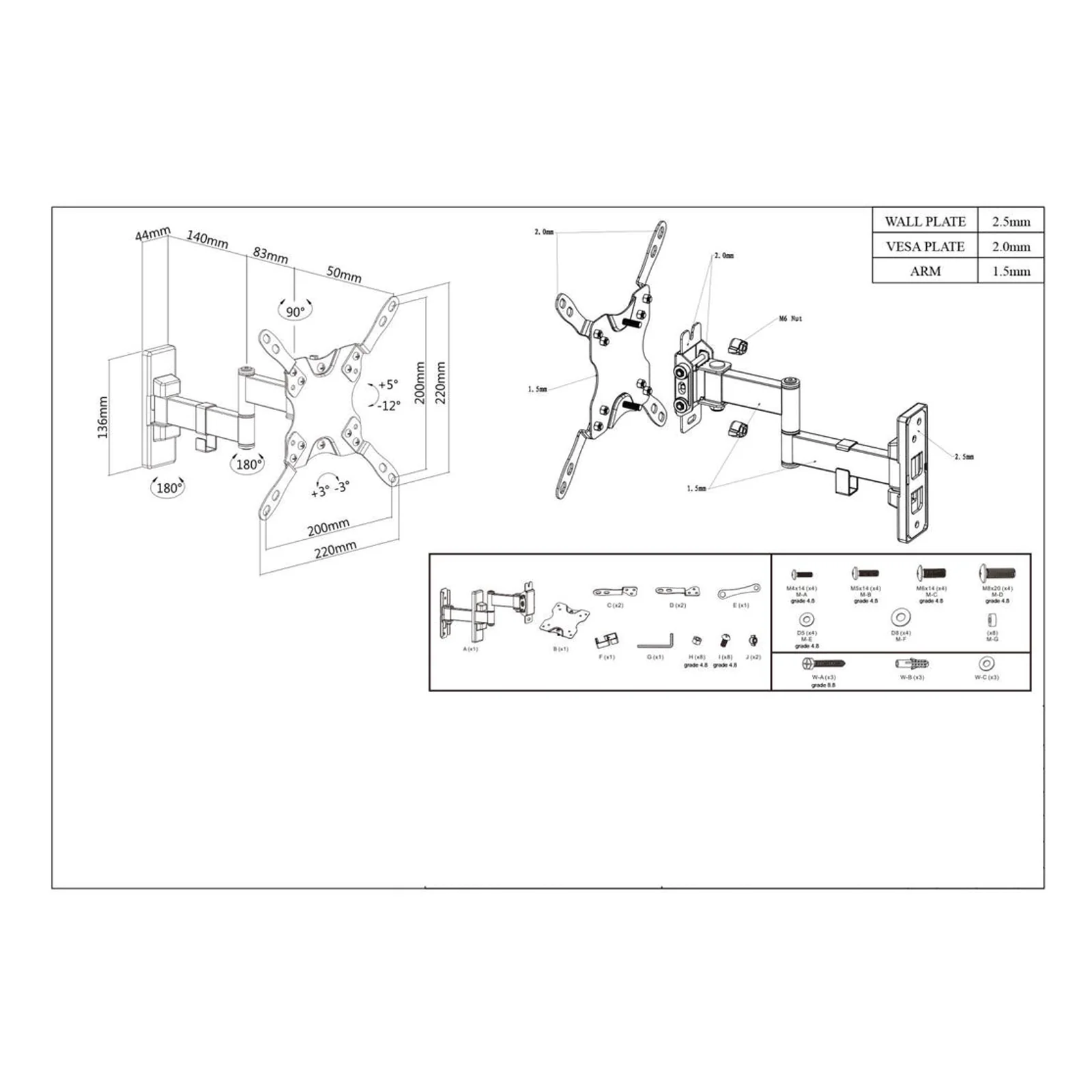 Manhattan Support mural pour TV/moniteurs (Bras articulé), écrans 13" à 42", Compatibilité VESA : de 75x75 à 200x200 mm (vérifiez les dimensions des quatre trous de fixation à l’arrière), charge max. 20 kg, noir