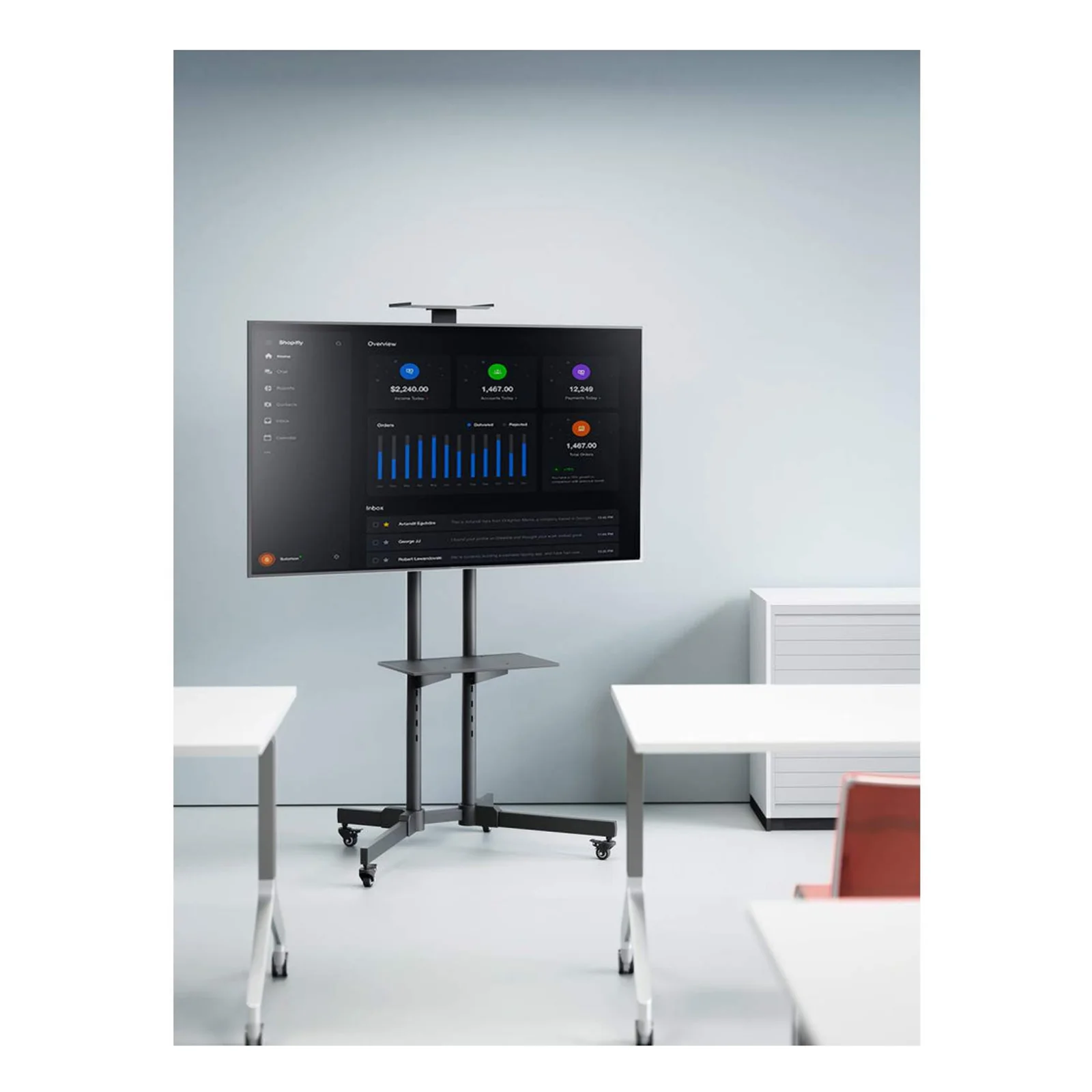 Manhattan Support sur roulettes pour TV/moniteurs, écrans 37" à 65", Compatibilité VESA : de 200x200 à 600x400 mm (vérifiez les dimensions des quatre trous de fixation à l’arrière), charge max. 40 kg, noir