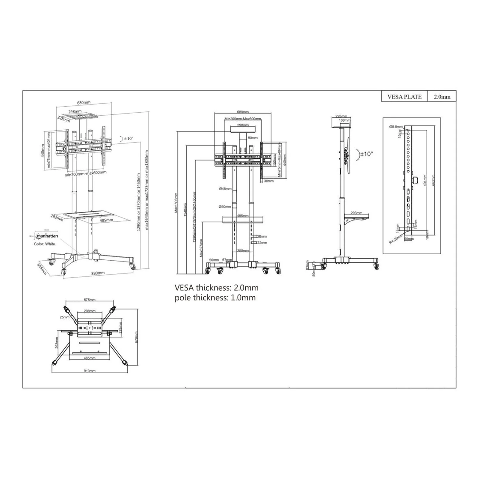 Manhattan Support sur roulettes pour TV/moniteurs, écrans 37" à 65", Compatibilité VESA : de 200x200 à 600x400 mm (vérifiez les dimensions des quatre trous de fixation à l’arrière), charge max. 40 kg, noir