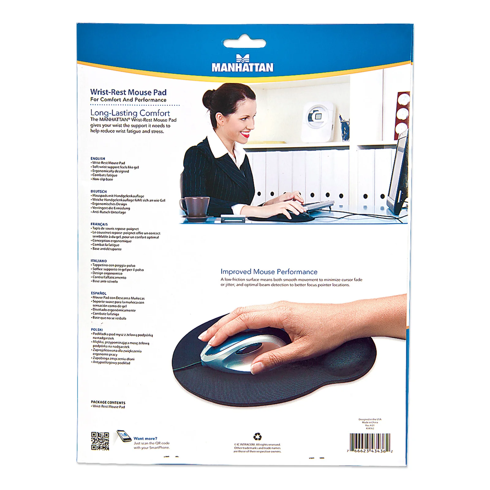 Manhattan Tapis de souris avec repose-poignet en gel, noir, 241 × 203 × 40 mm, base antidérapante, garantie à vie