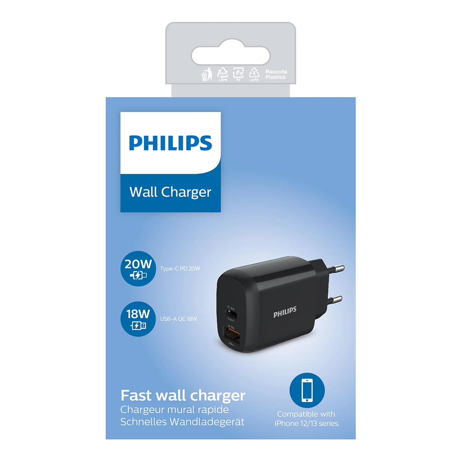 Philips Chargeur secteur 18W 1 port USB-Type C et 1 USB-A