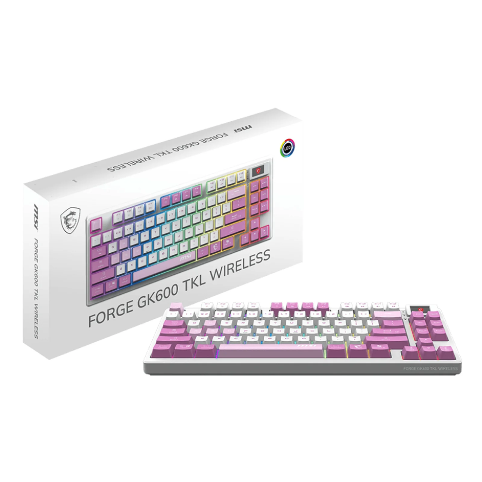 MSI FORGE GK600 TKL WIRELESS VIOLET clavier Gaming USB + Bluetooth QWERTY Espagnole Rose, Violet, Blanc