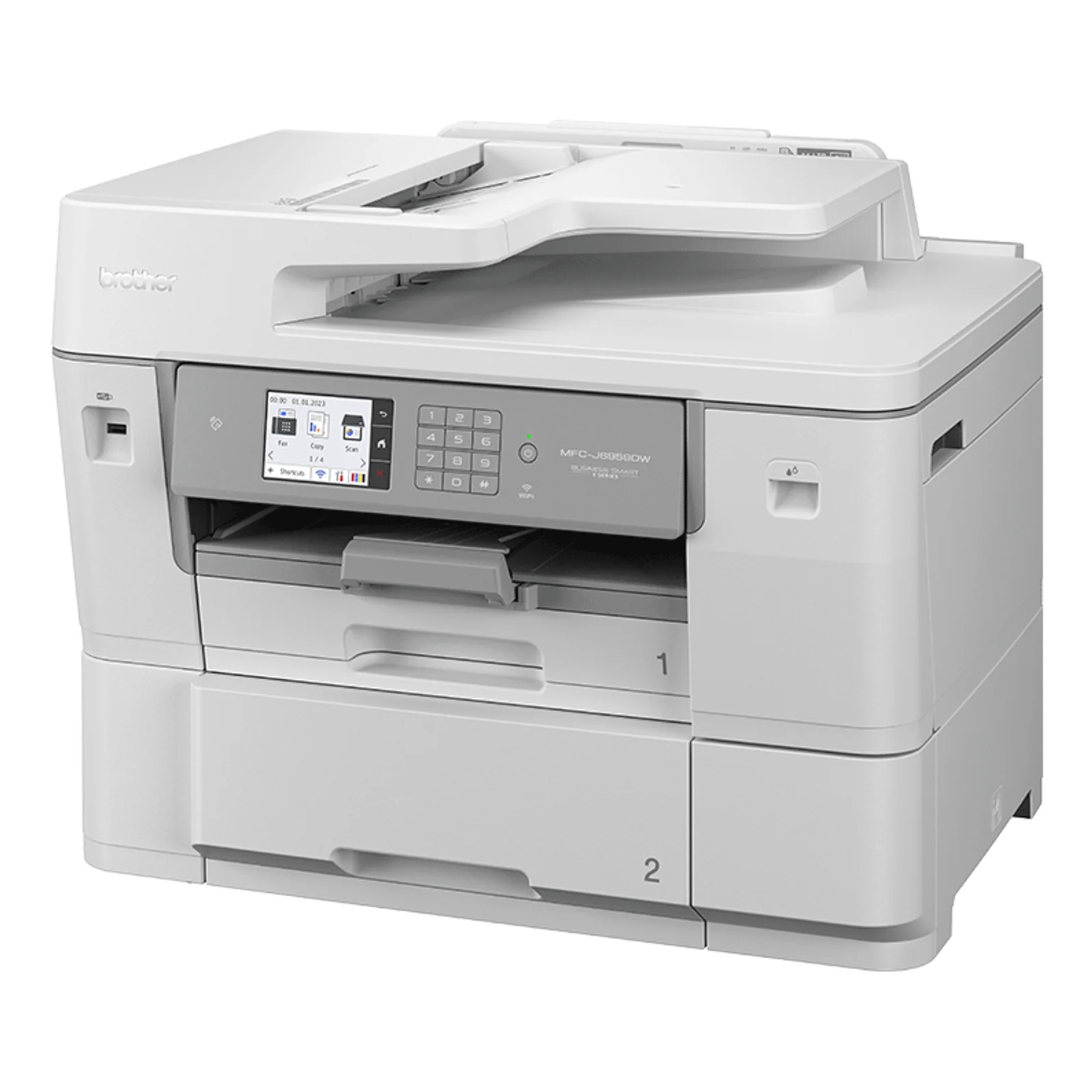 Multifonction Brother MFC-J6959DW blanc vue trois-quarts, ecran tactile couleur, deux bacs numerotes 1 et 2 visibles