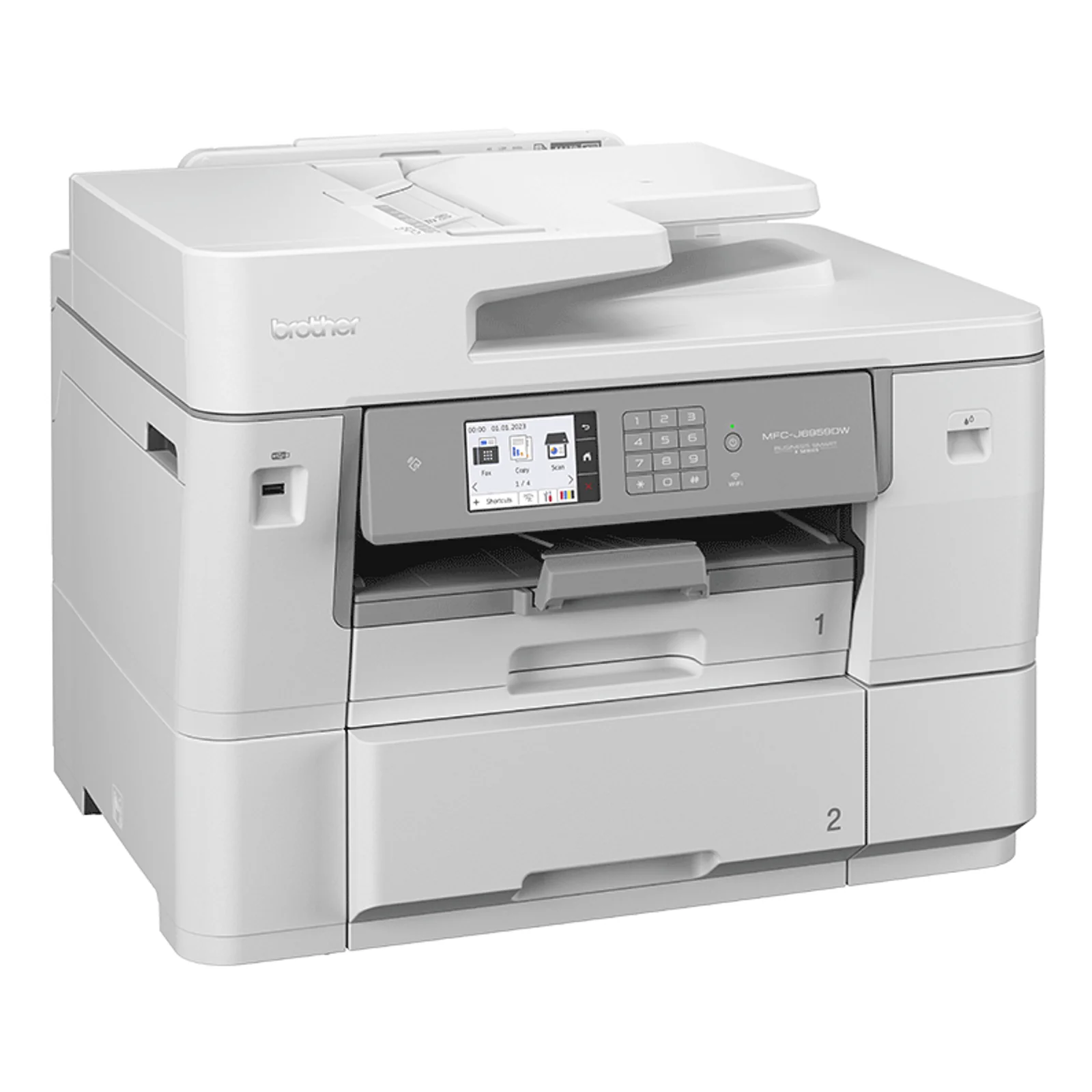 Multifonction Brother MFC-J6959DW blanc vue trois-quarts gauche, chargeur ADF, ecran tactile et trappe d'encre laterale