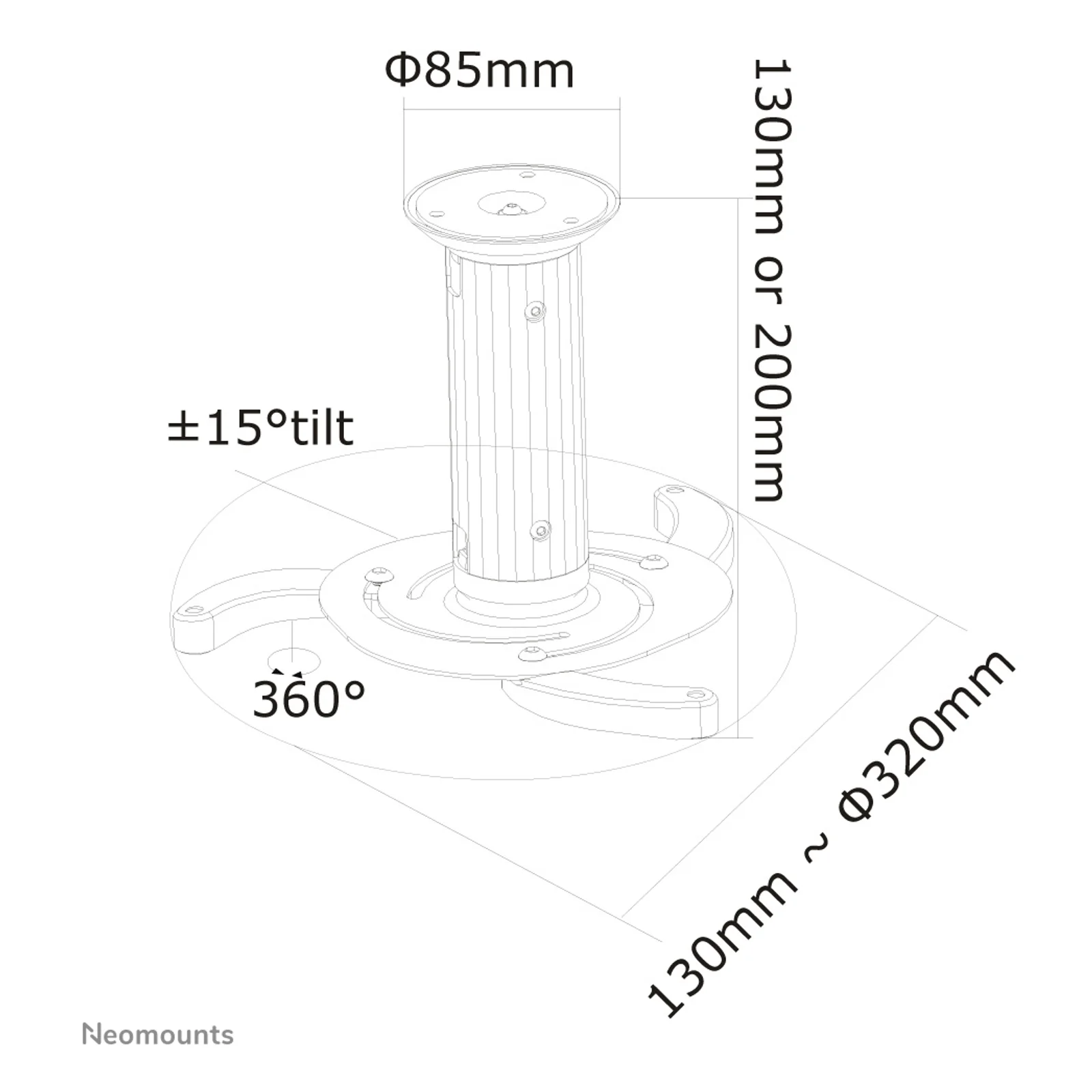 Neomounts BEAMER-C80WHITE Support de plafond pour vidéoprojecteur - h13-20 cm - orientable