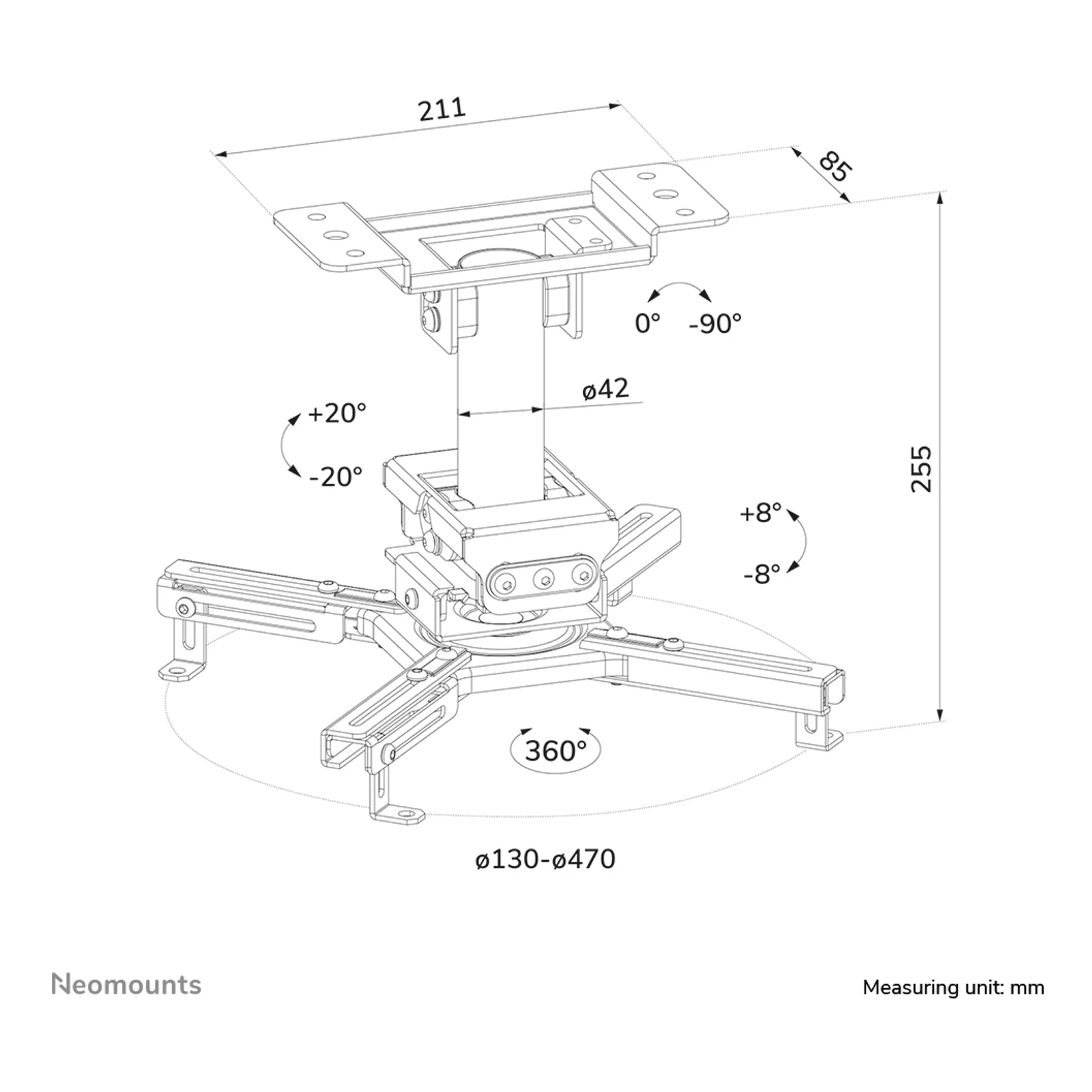 Neomounts CL25-530BL1 Support de plafond pour vidéoprojecteur - h25.5 cm - installation facile - orientable