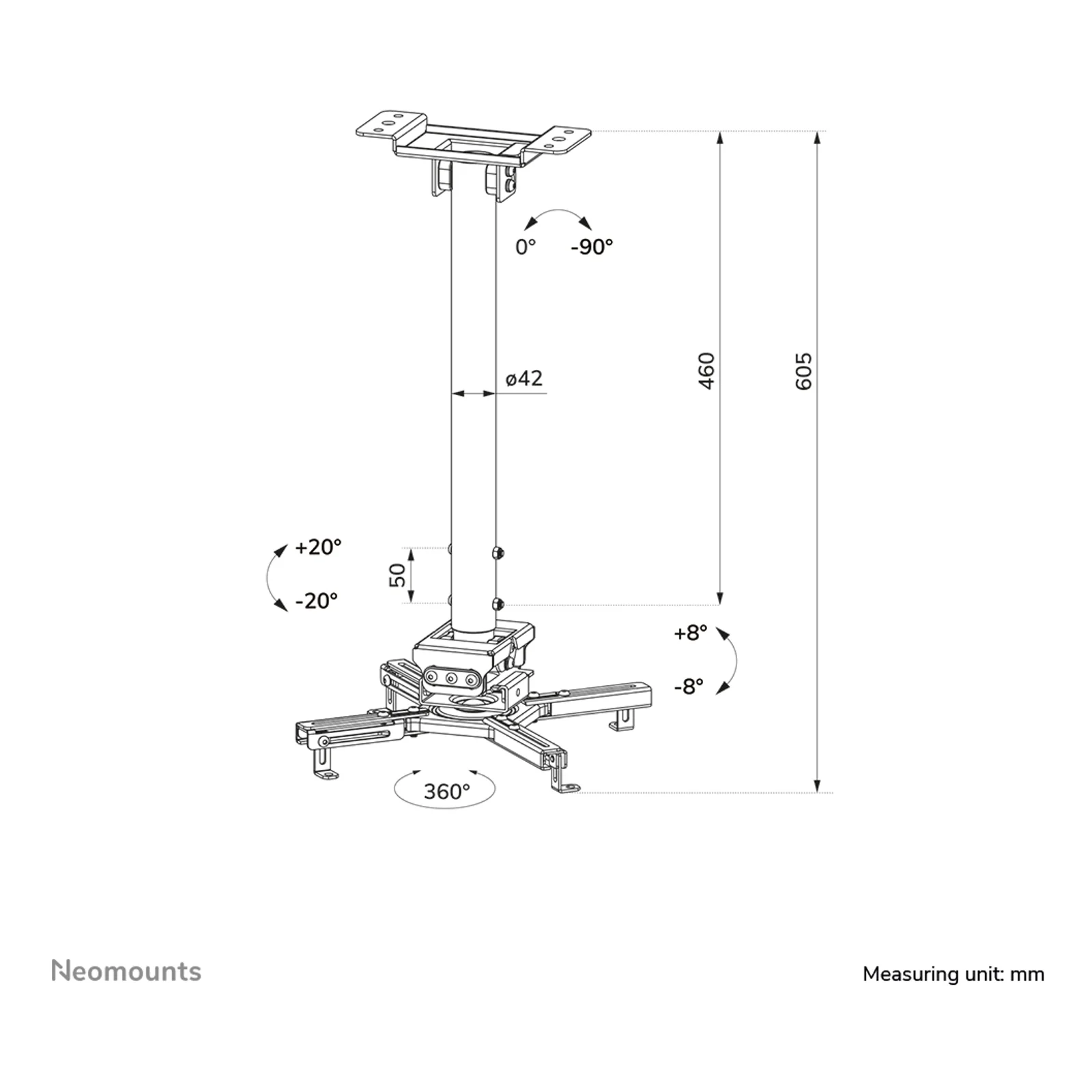 Neomounts CL25-540BL1 Support de plafond pour vidéoprojecteur - h60.5-90.5 cm - installation facile - orientable