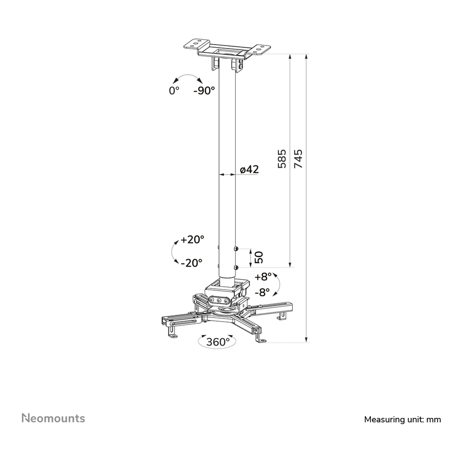 Neomounts CL25-550BL1 Support de plafond pour vidéoprojecteur - h74.5-114.5 cm - installation facile - orientable