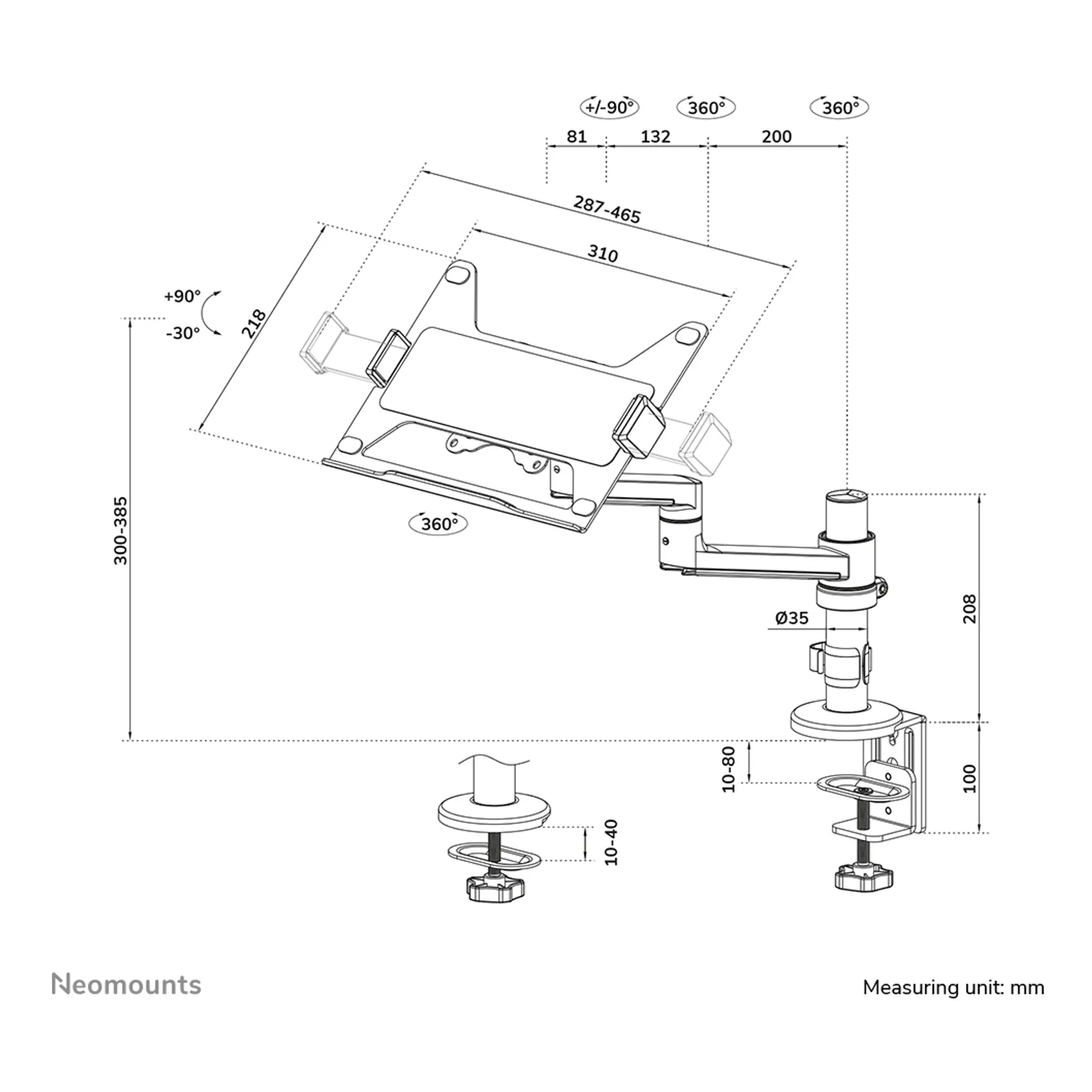 Neomounts DS20-425BL1 Support d'ordinateur portable à fixer 11.6-17.3" - économie d'espace