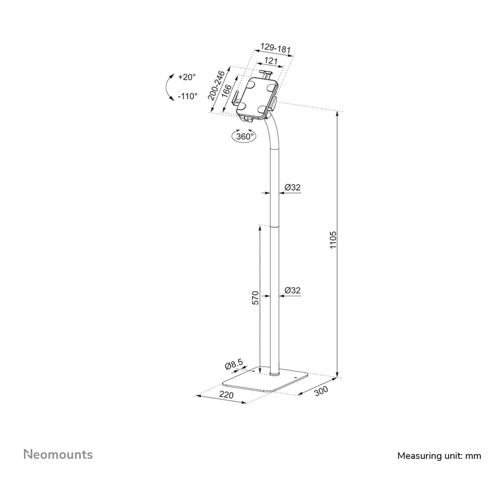 Neomounts FL15-625BL1 Support tablette au sol 7.9-11" - verrouillable - universel