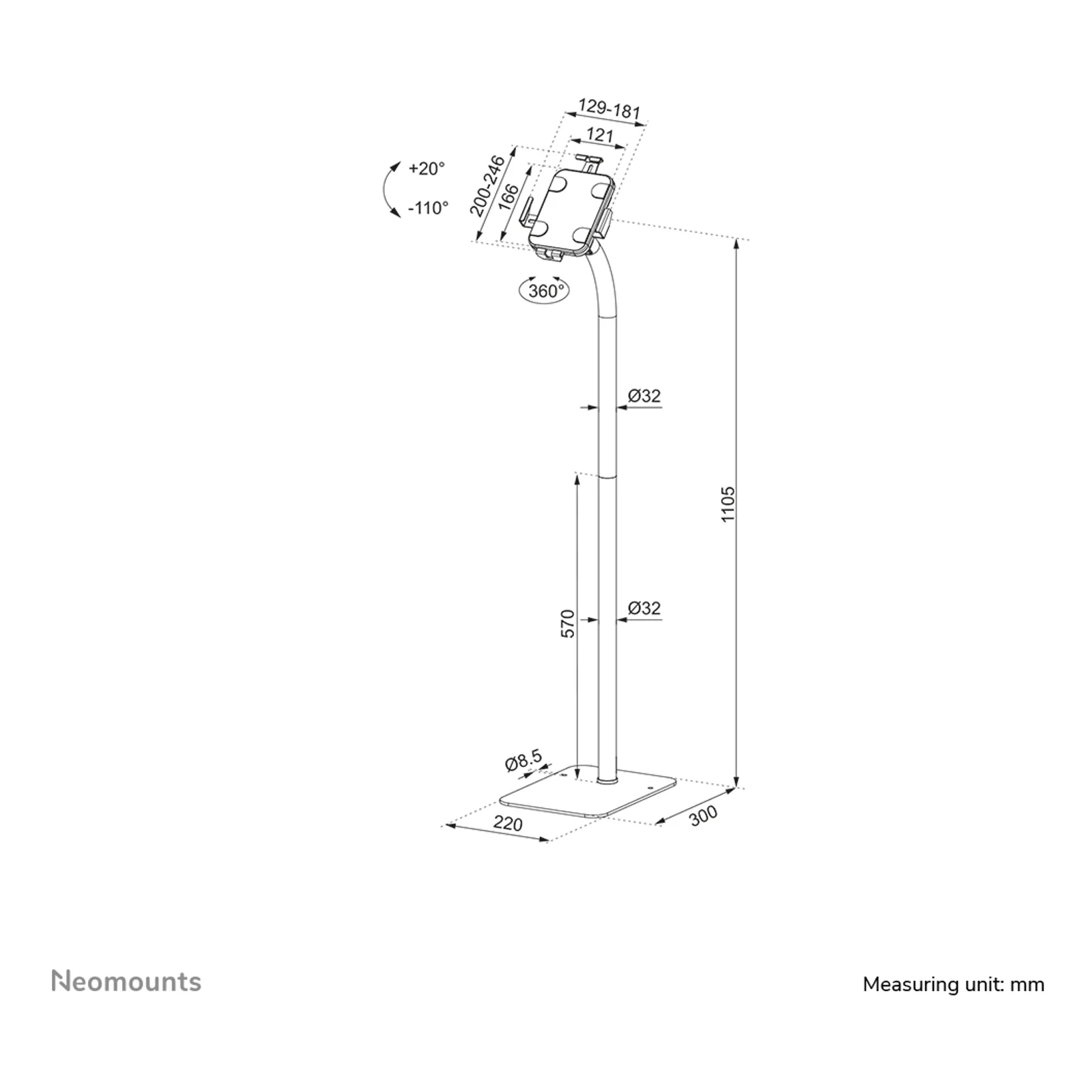 Neomounts FL15-625WH1 Support pour tablette au sol 7.9-11" - verrouillable - universel