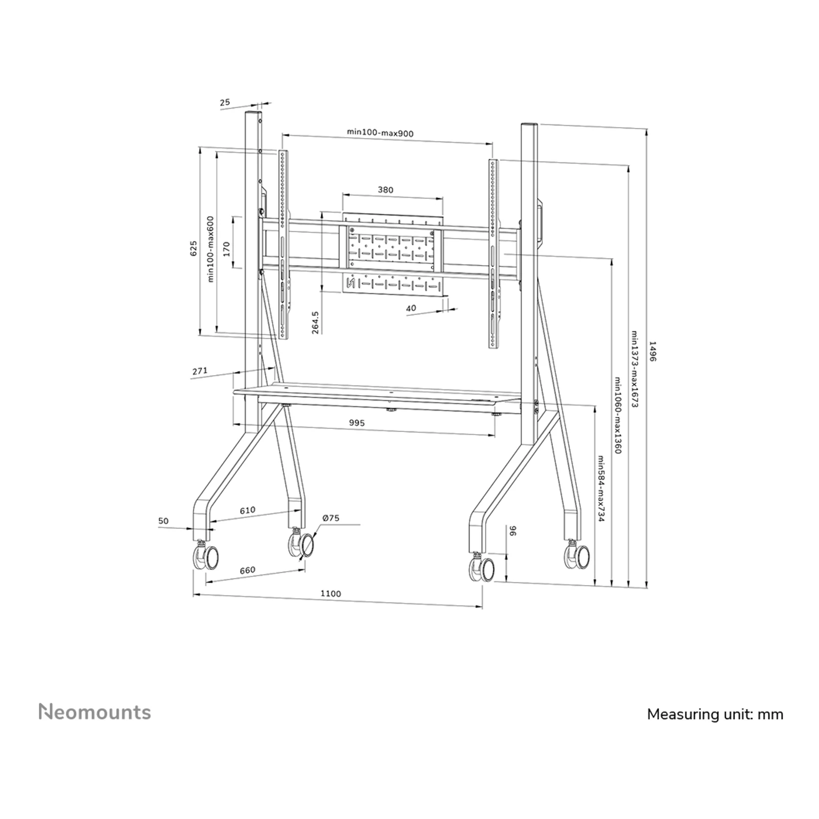Neomounts FL50-525BL1 Support au sol mobile pour écran 55-86" - installation rapide - TÜV