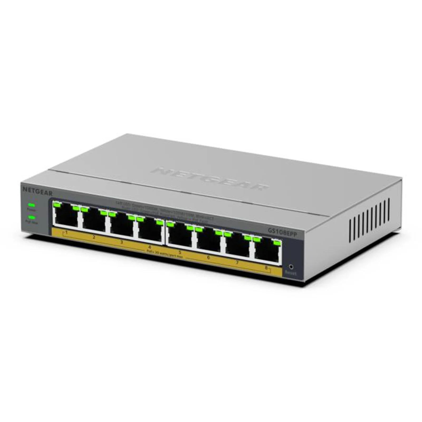 NETGEAR GS108EPP Non-géré Gigabit Ethernet (10/100/1000) Connexion Ethernet, supportant l'alimentation via ce port (PoE) Montage sur le bureau ou sur le mur Gris