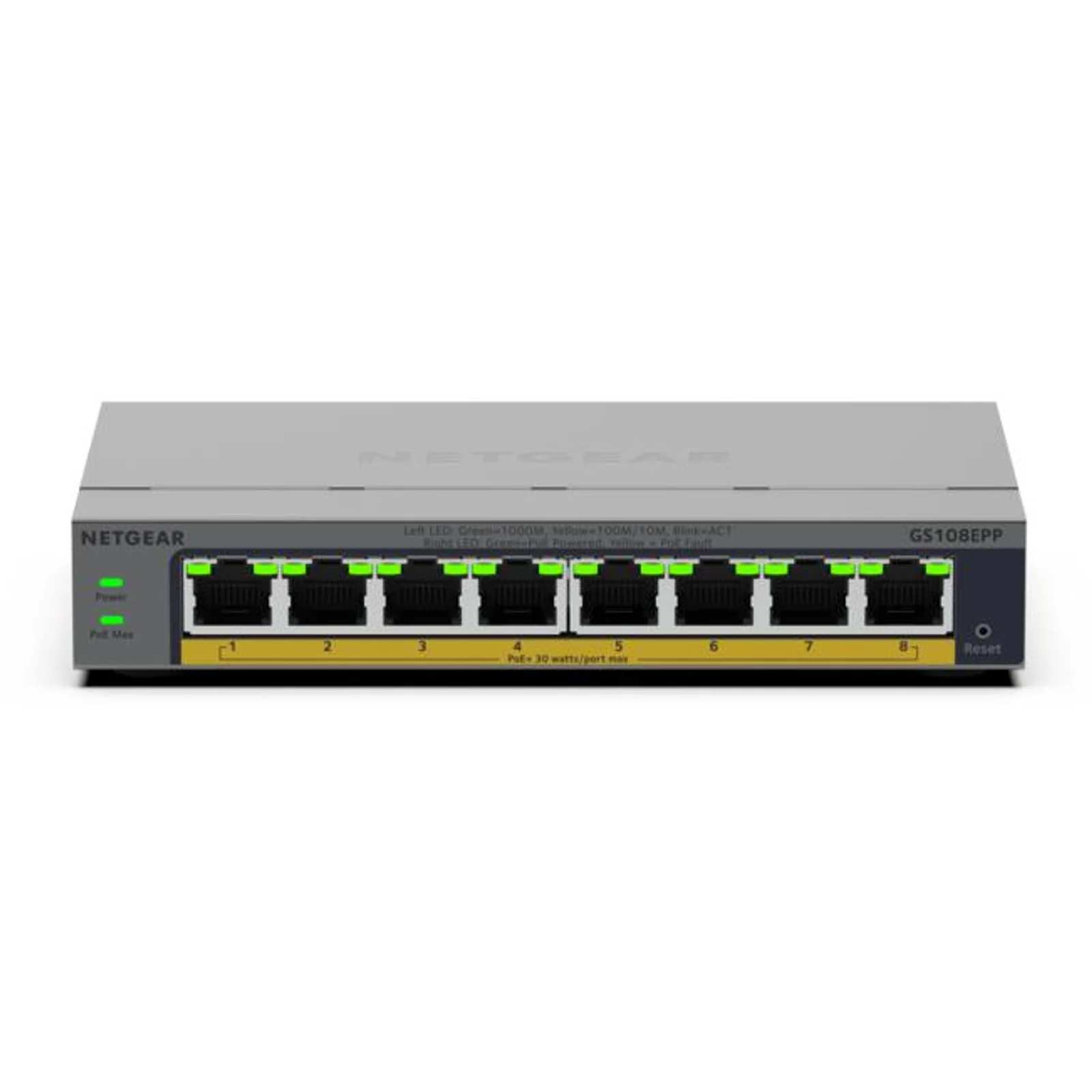 NETGEAR GS108EPP Non-géré Gigabit Ethernet (10/100/1000) Connexion Ethernet, supportant l'alimentation via ce port (PoE) Montage sur le bureau ou sur le mur Gris