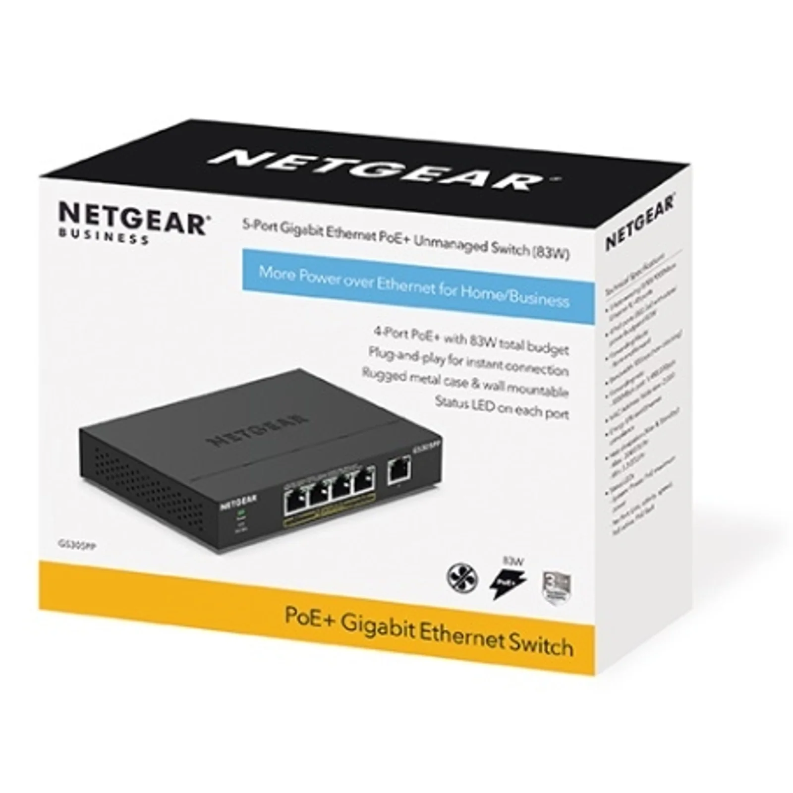 NETGEAR GS305PP Non-géré Gigabit Ethernet (10/100/1000) Connexion Ethernet, supportant l'alimentation via ce port (PoE) Noir