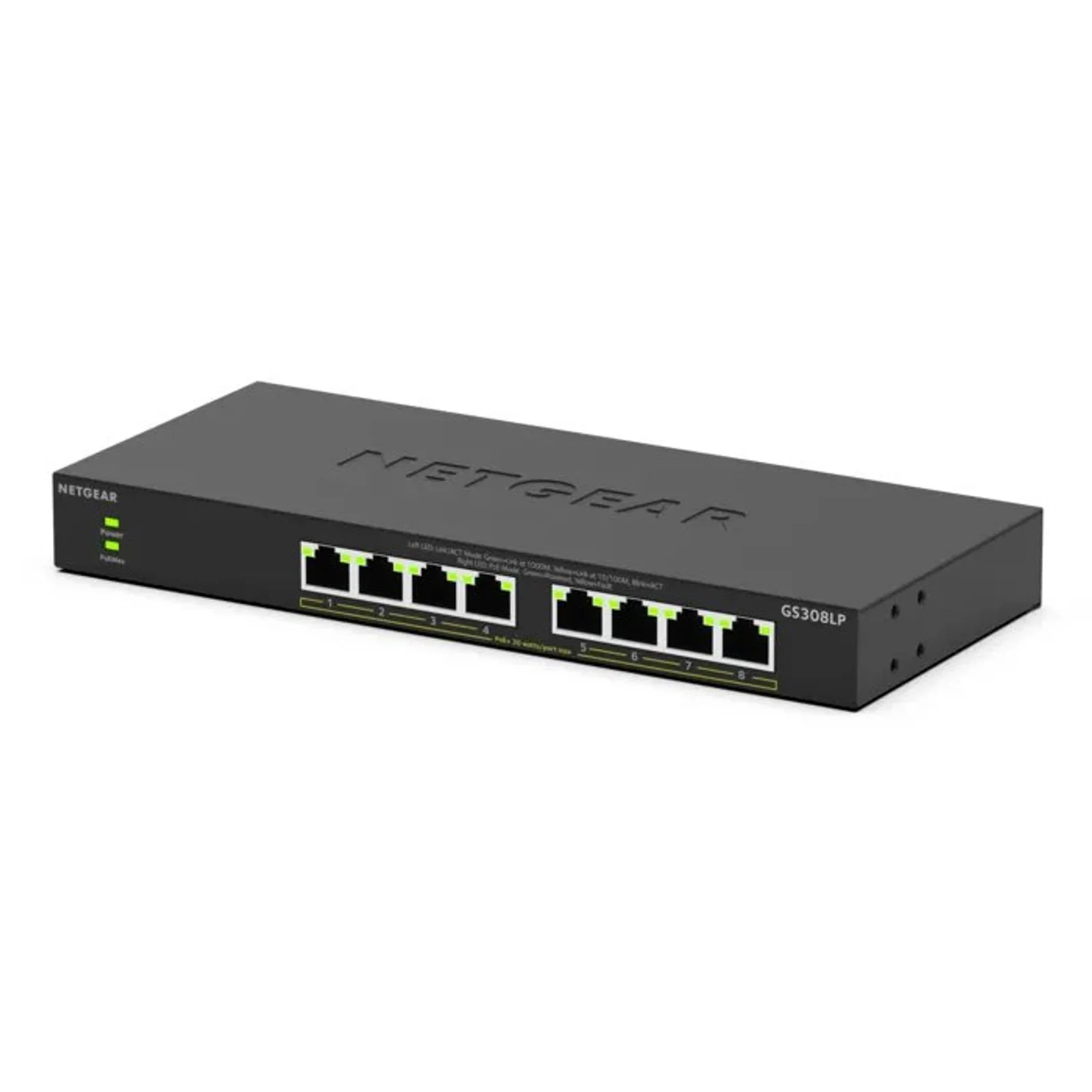 NETGEAR GS308LP Non-géré Gigabit Ethernet (10/100/1000) Connexion Ethernet, supportant l'alimentation via ce port (PoE) Bureau Noir