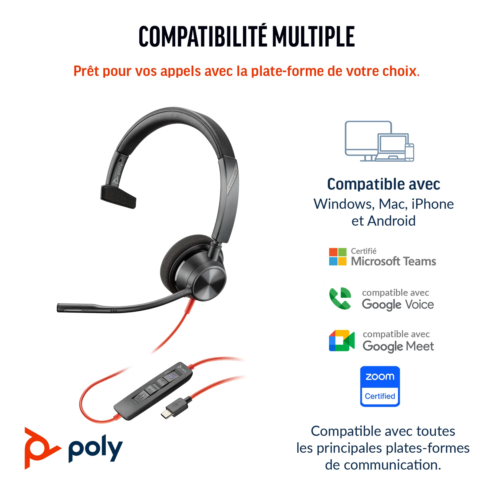 HP Poly Micro-casque Poly Blackwire 3310 monaural USB-C + adaptateur USB-C/A