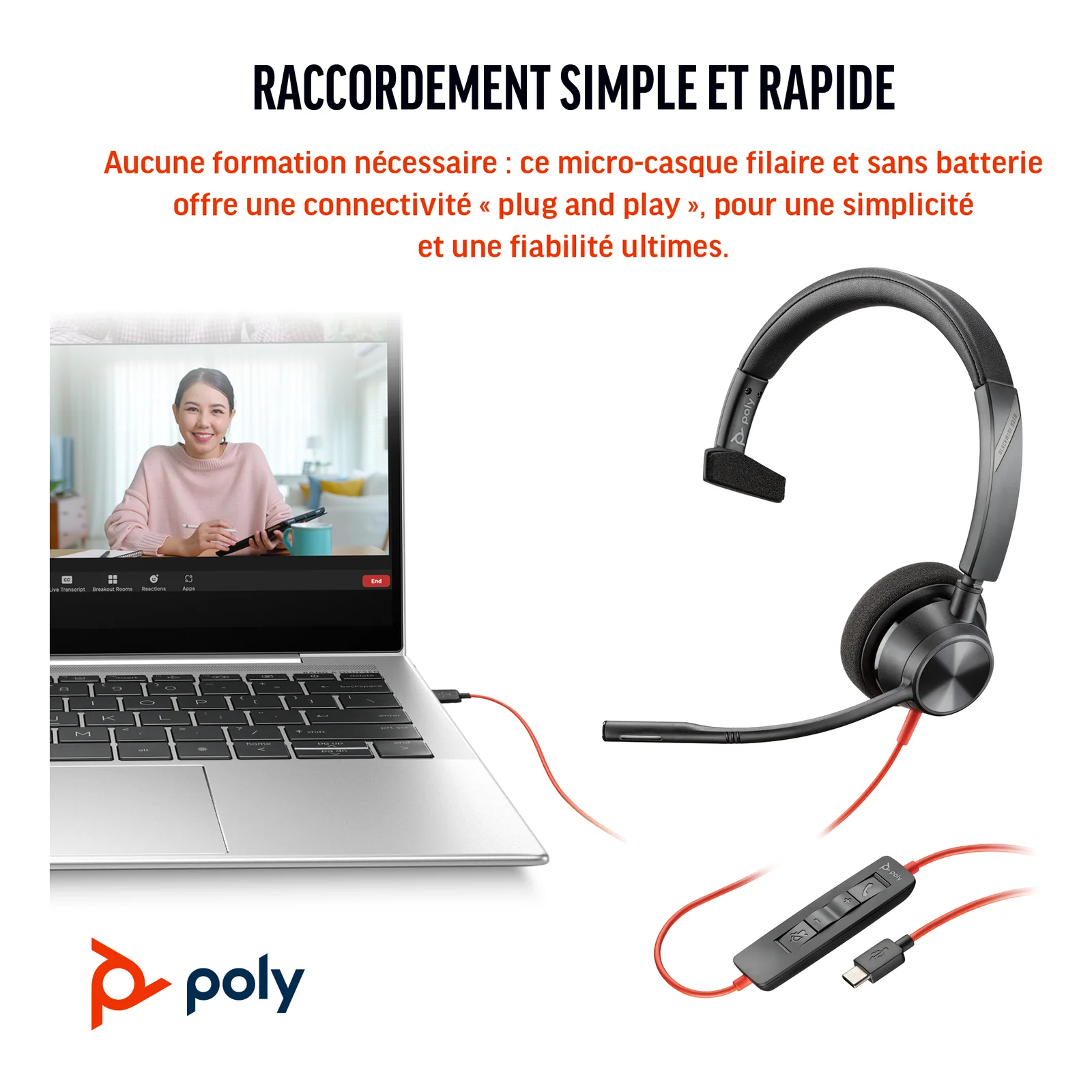 HP Poly Micro-casque Poly Blackwire 3310 monaural USB-C + adaptateur USB-C/A