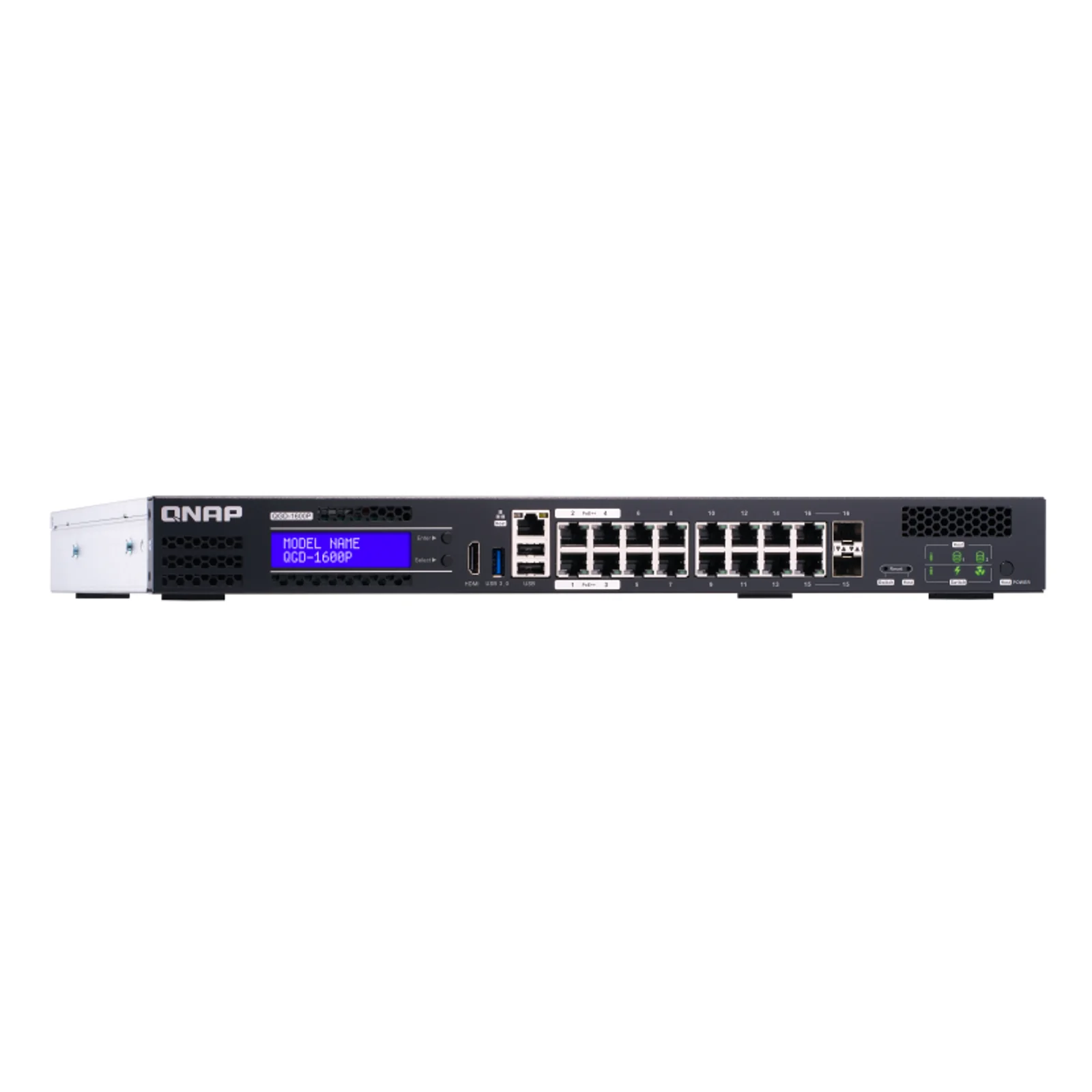 QNAP QGD-1600P Géré Gigabit Ethernet (10/100/1000) Connexion Ethernet, supportant l'alimentation via ce port (PoE) 1U Noir, Gris