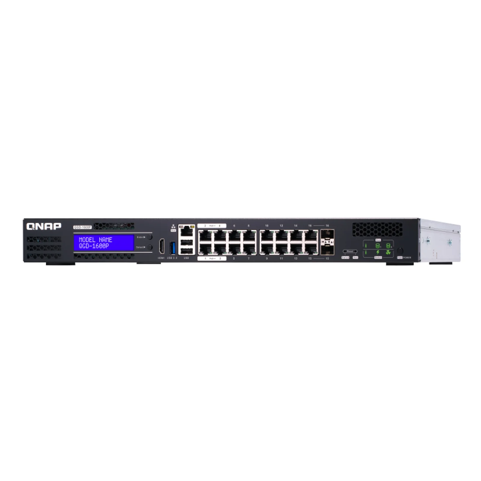 QNAP QGD-1600P Géré Gigabit Ethernet (10/100/1000) Connexion Ethernet, supportant l'alimentation via ce port (PoE) 1U Noir, Gris