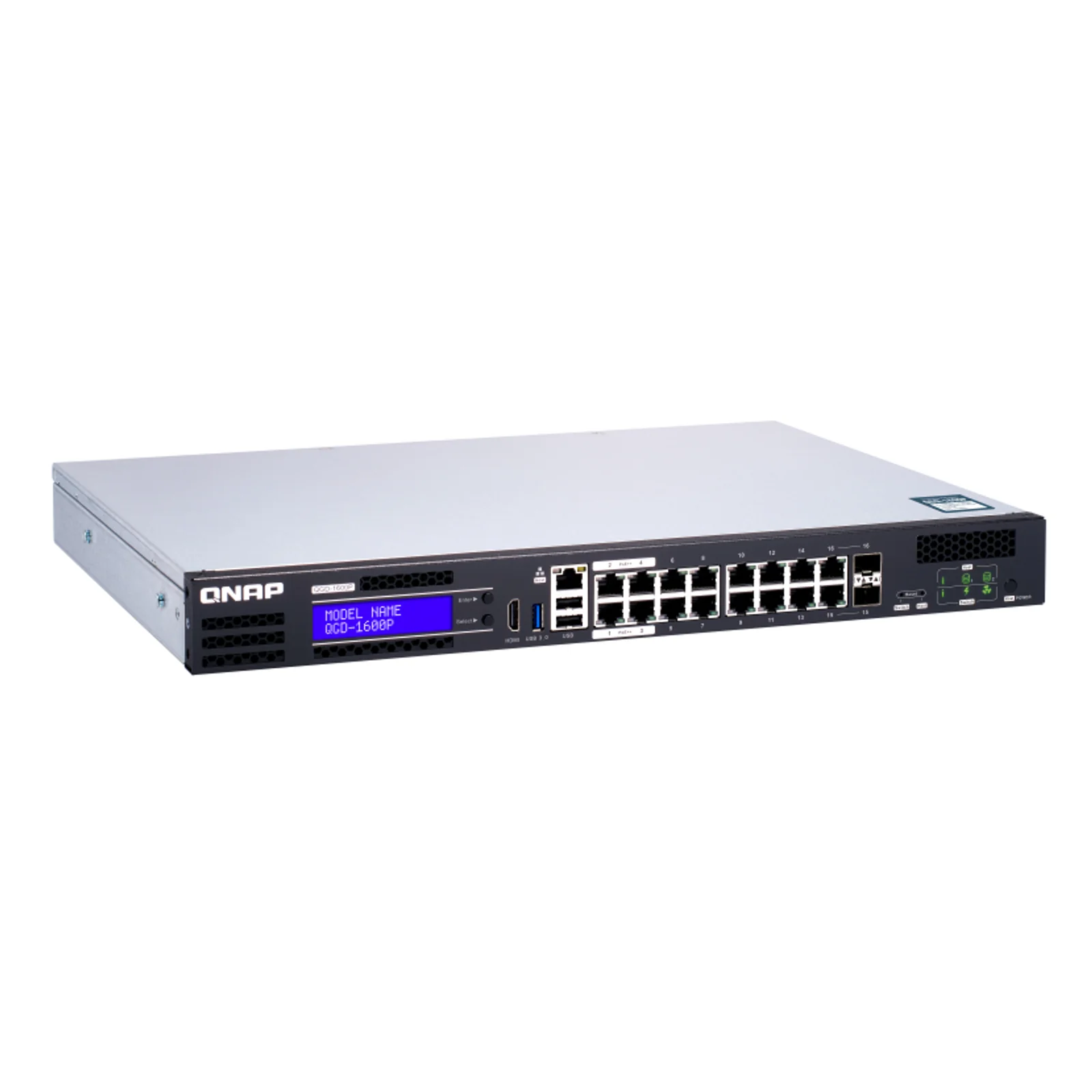 QNAP QGD-1600P Géré Gigabit Ethernet (10/100/1000) Connexion Ethernet, supportant l'alimentation via ce port (PoE) 1U Noir, Gris