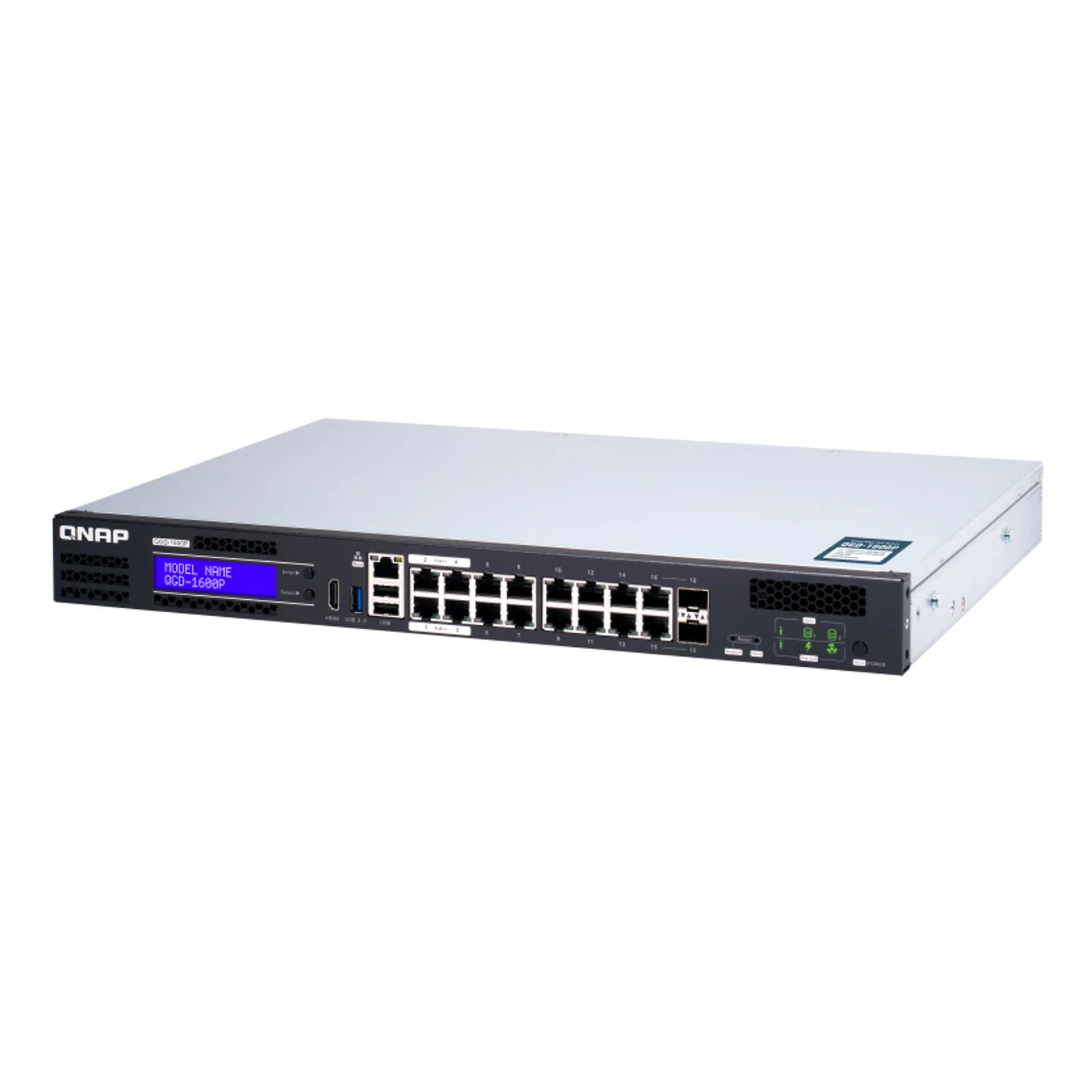 QNAP QGD-1600P Géré Gigabit Ethernet (10/100/1000) Connexion Ethernet, supportant l'alimentation via ce port (PoE) 1U Noir, Gris