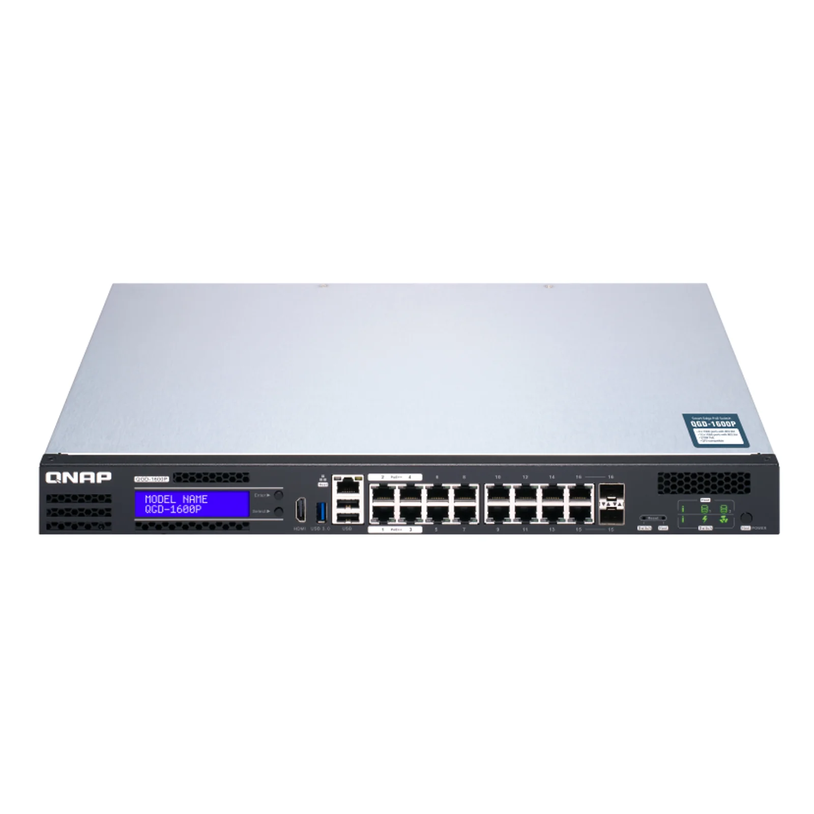 QNAP QGD-1600P Géré Gigabit Ethernet (10/100/1000) Connexion Ethernet, supportant l'alimentation via ce port (PoE) 1U Noir, Gris
