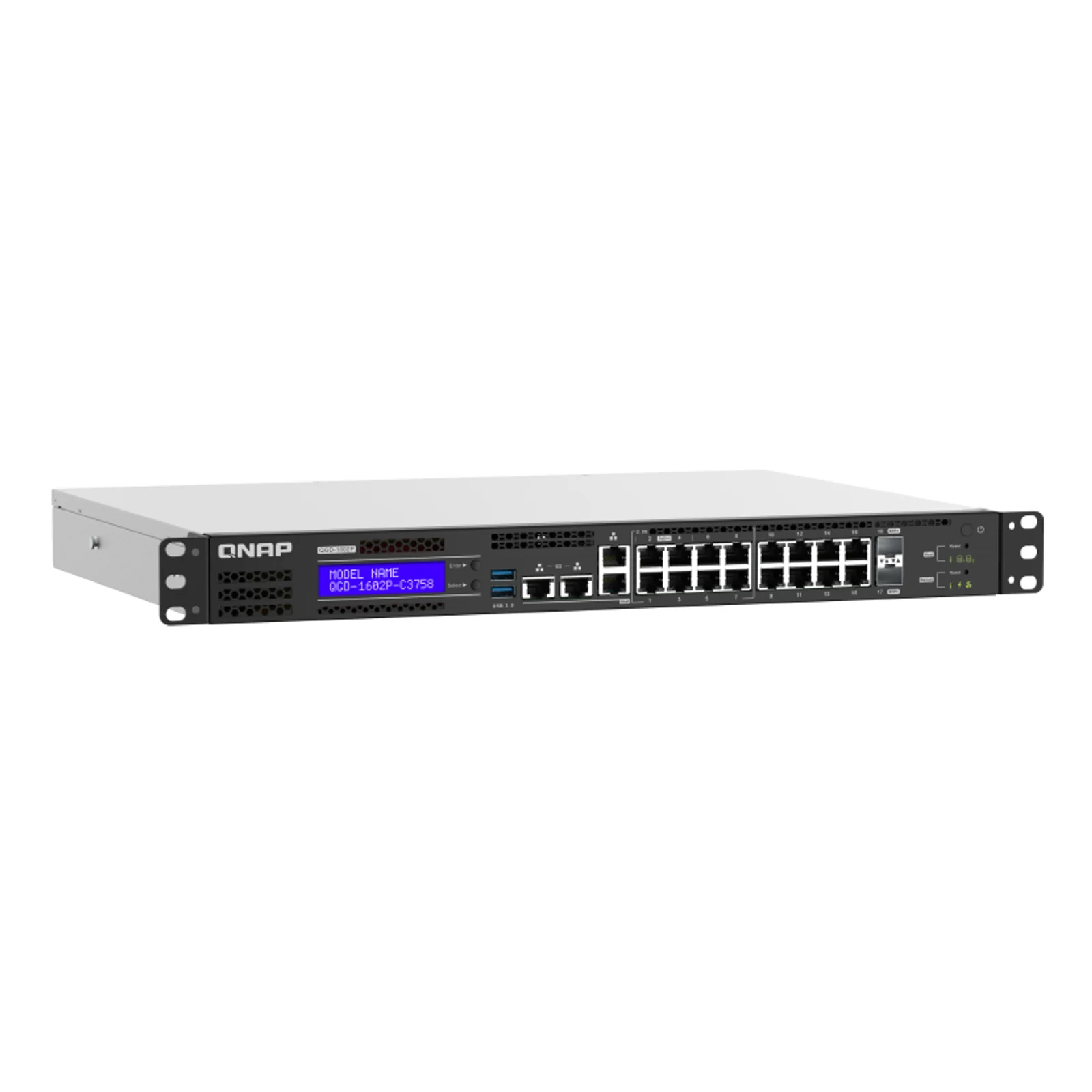 QNAP QGD-1602P Géré L2 Gigabit Ethernet (10/100/1000) Connexion Ethernet, supportant l'alimentation via ce port (PoE) 1U Noir, Gris