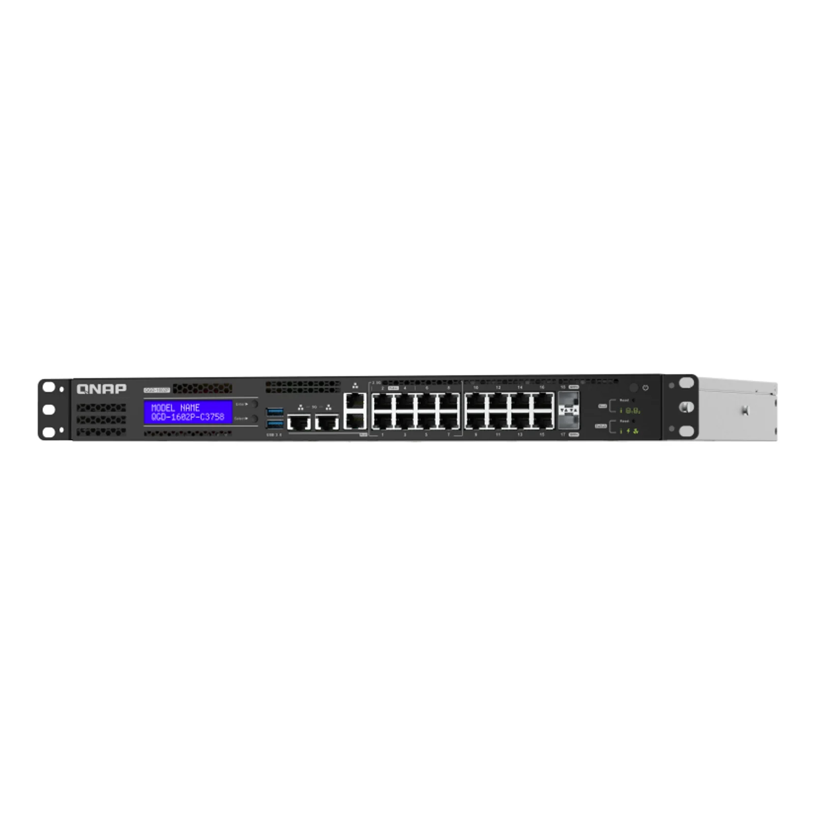 QNAP QGD-1602P Géré L2 Gigabit Ethernet (10/100/1000) Connexion Ethernet, supportant l'alimentation via ce port (PoE) 1U Noir, Gris